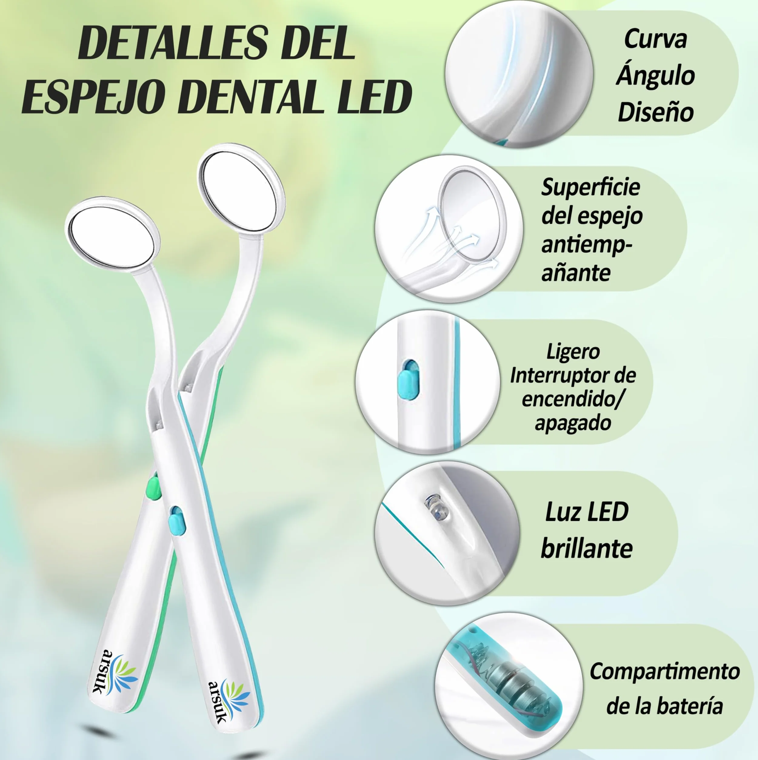ARSUK Espejo dental LED antivaho 15 cm para inspección bucal, paquete de 2