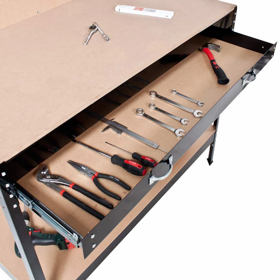 tectake Banco de Trabajo Mesa de Taller 12 Ganchos Panel Herramientas Cajón Grande 120x60x156 cm