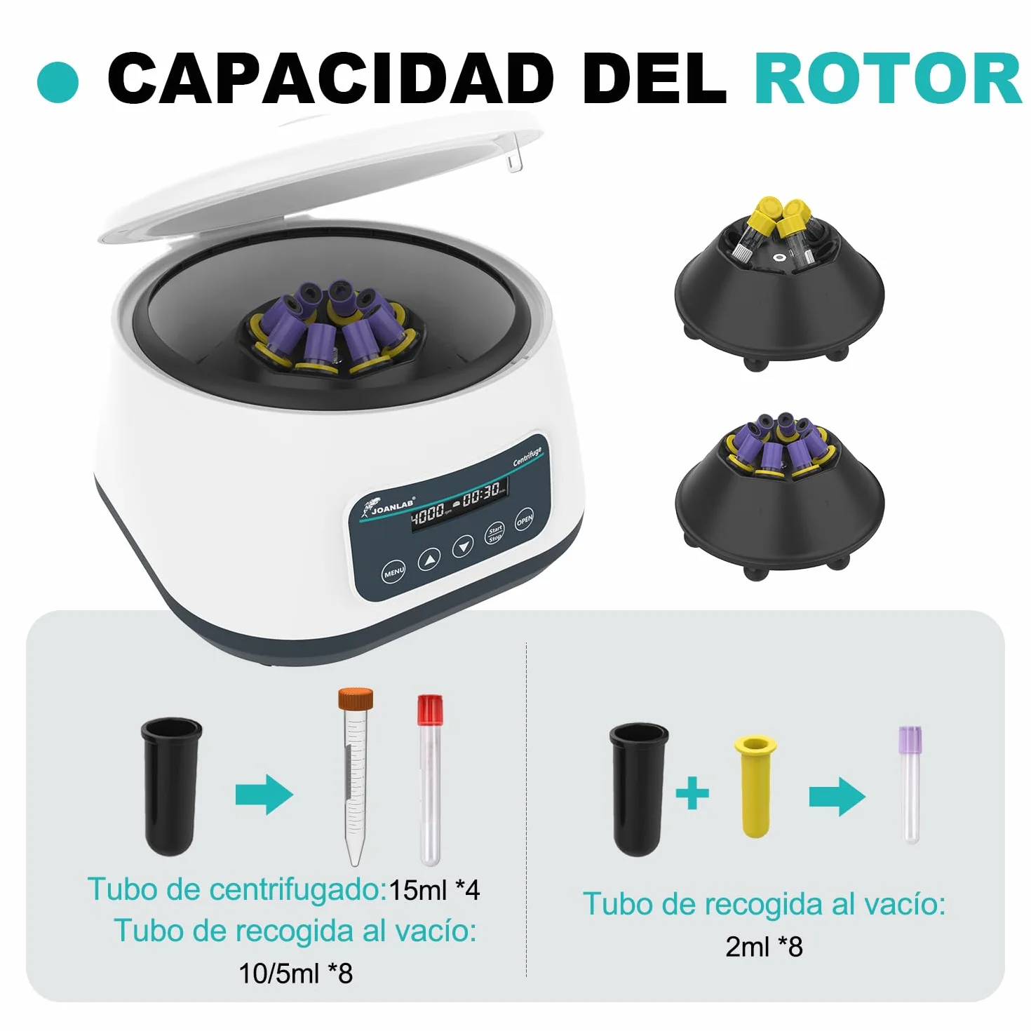 JOANLAB Centrífuga de Baja Velocidad 4000 RPM 2173 xg Temporizador 30s-59min 4x15ml u 8x2/5/10ml Tubos LC-400