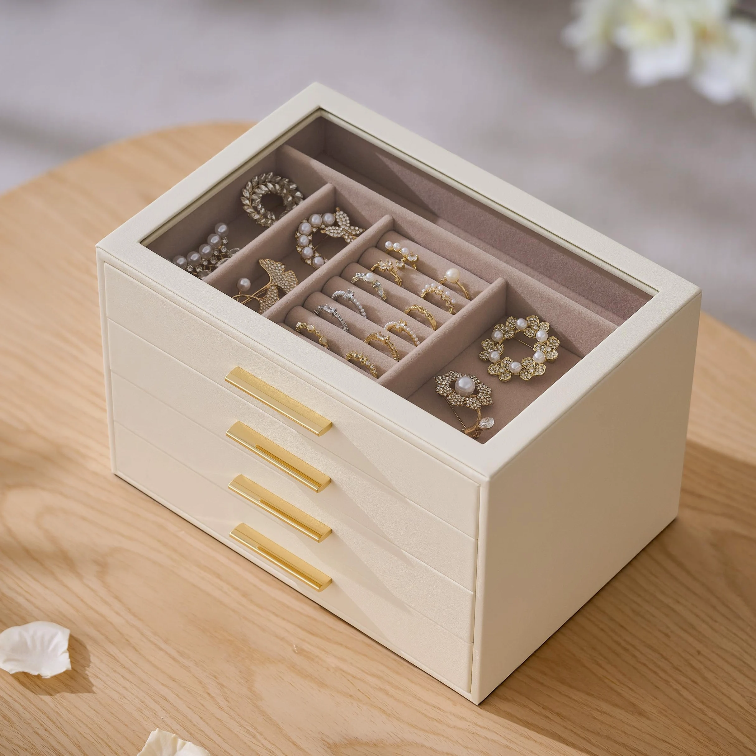 Joyero Organizador para con Ventana de Cristal, Caja Guardajoyas de 4 Capas | Cuero Blanco Marfil y Terciopelo Rosa - Estuche Organizador de Joyas para Anillos, Pendientes, Collares, Pulseras y Relojes,