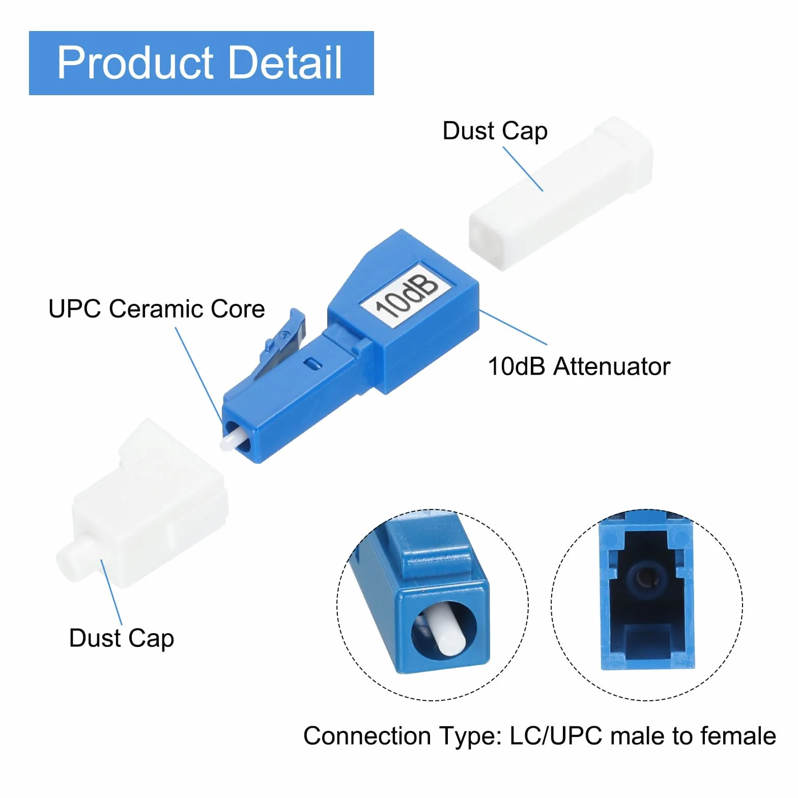Atenuador de Fibra Óptica LC 10db LC/UPC Monomodo Fijo Macho a Hembra Paquete de 2