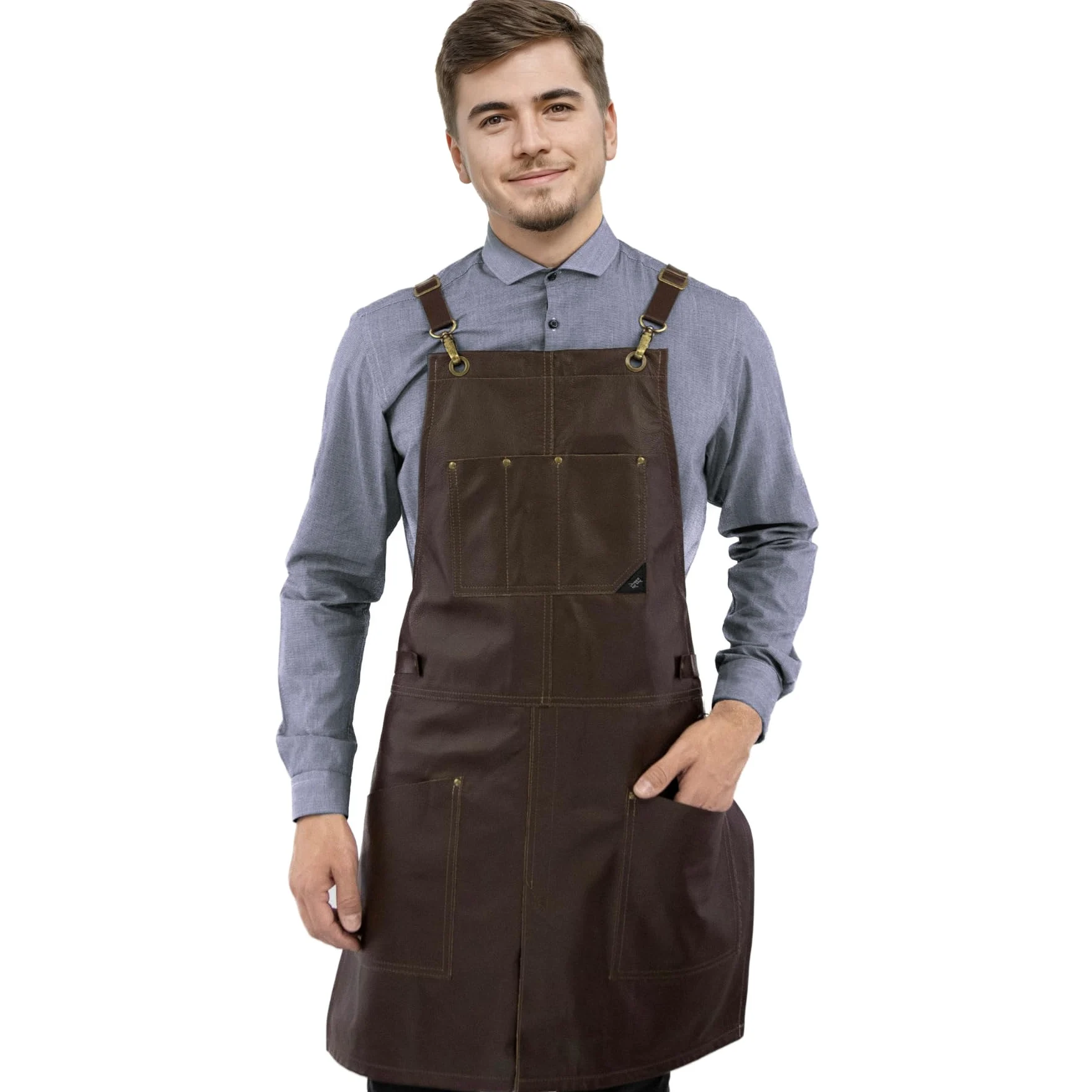 Under NY Sky Delantal de Piel - Mandil de Cuero Genuíno - Correas de Espalda Cruzadas - Forro Interno - Ajustable para Hombres y Mujeres - Chef, Barista, Barbero, Carpintero, Tienda, Barman