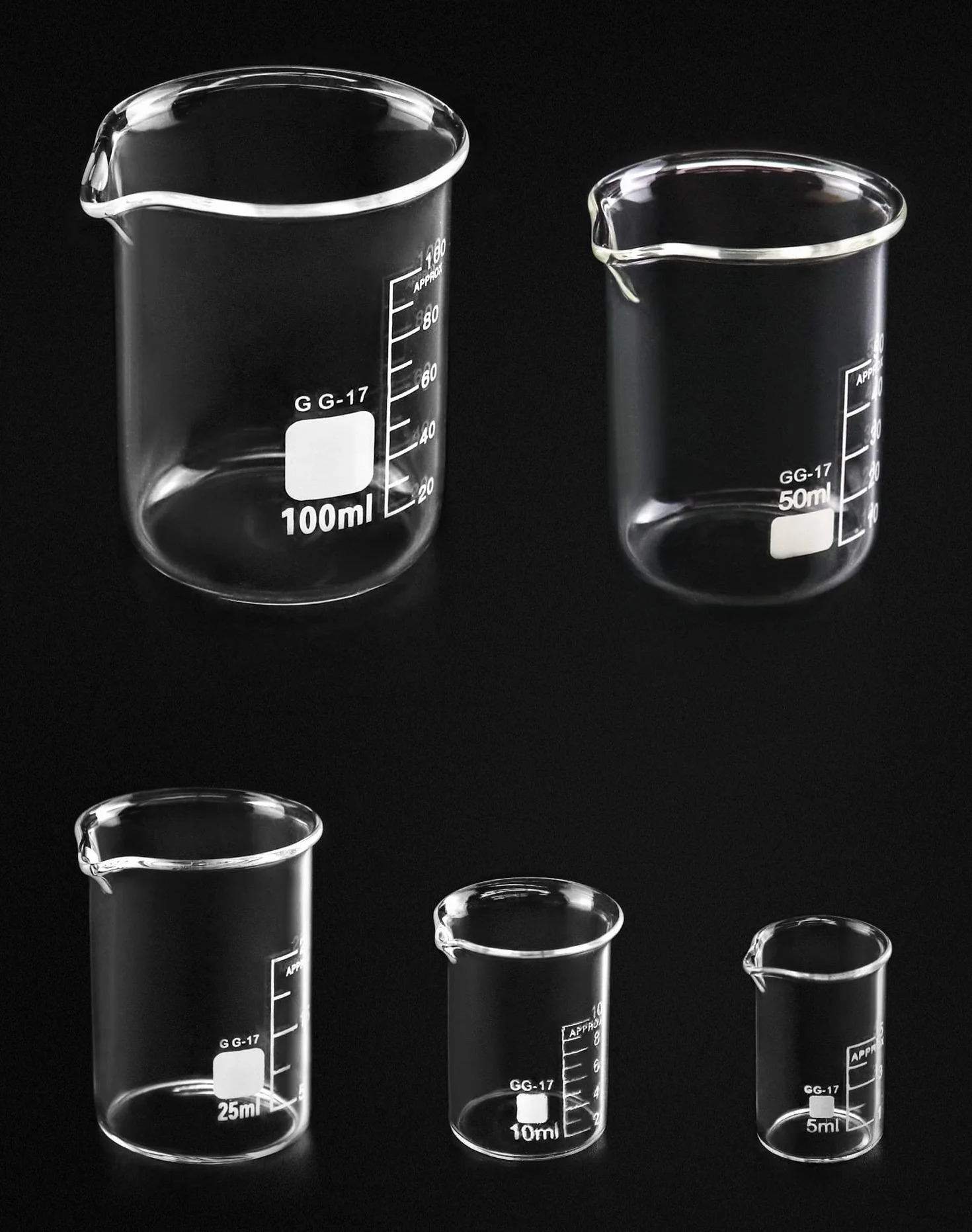 QWORK 5 Piezas Vaso de Precipitados Graduado de Vidrio Borosilicato 3.3, 5ml 10ml 25ml 50ml 100ml