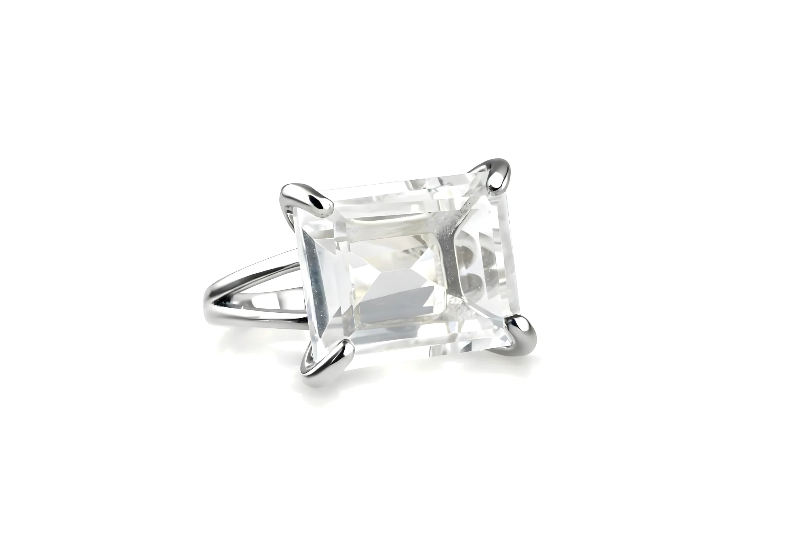 Sofisticado Anillo de Cuarzo Transparente de 13x18mm - Anillos de Piedra Preciosa Corte Esmeralda en Plata de Ley - Anillos de Joyería de Moda y Mejores Regalos para Mujer