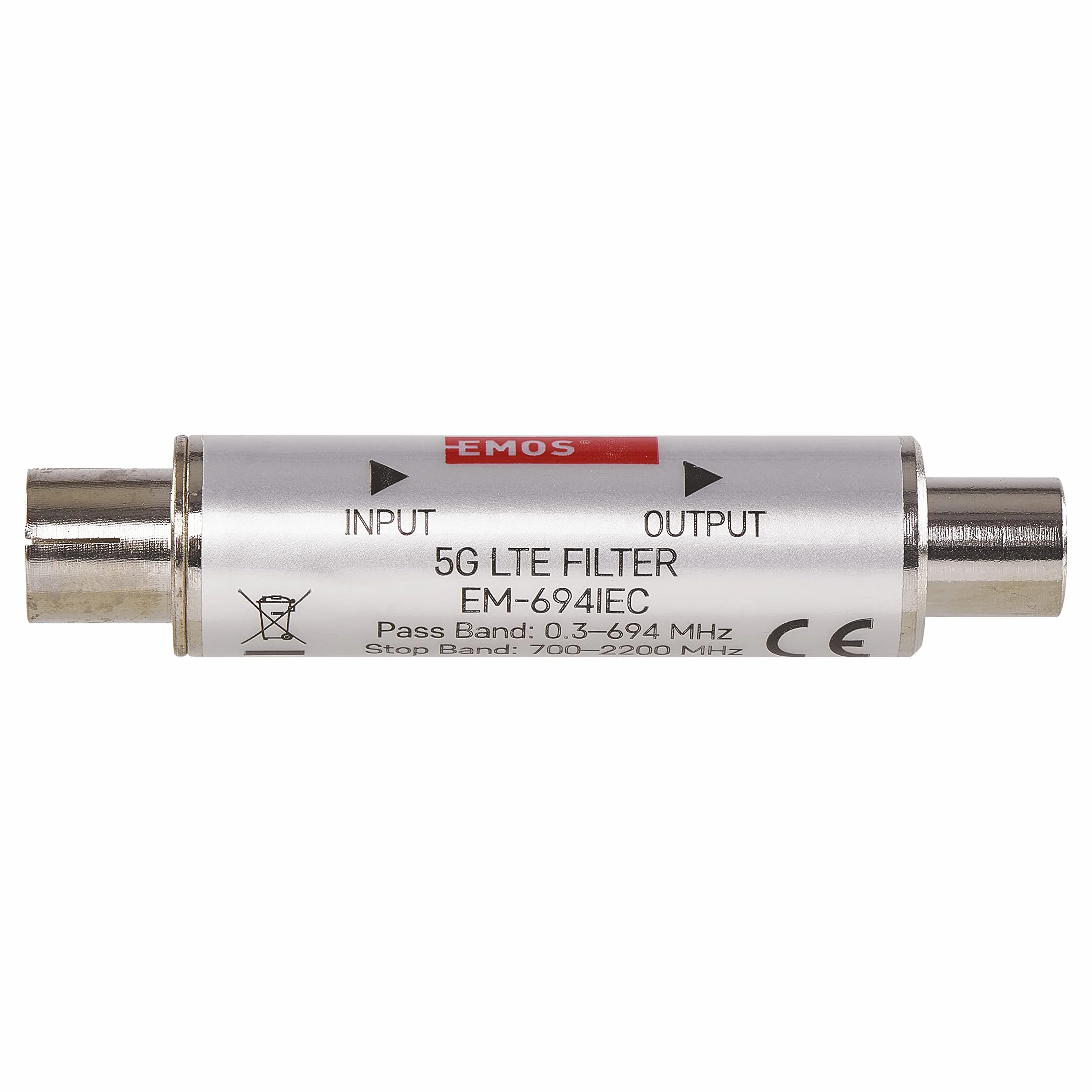 EMOS Filtro de Bloqueo LTE/4G/5G, 694 MHz, 1,6 x 6,8 cm, Conector coaxial, Plateado