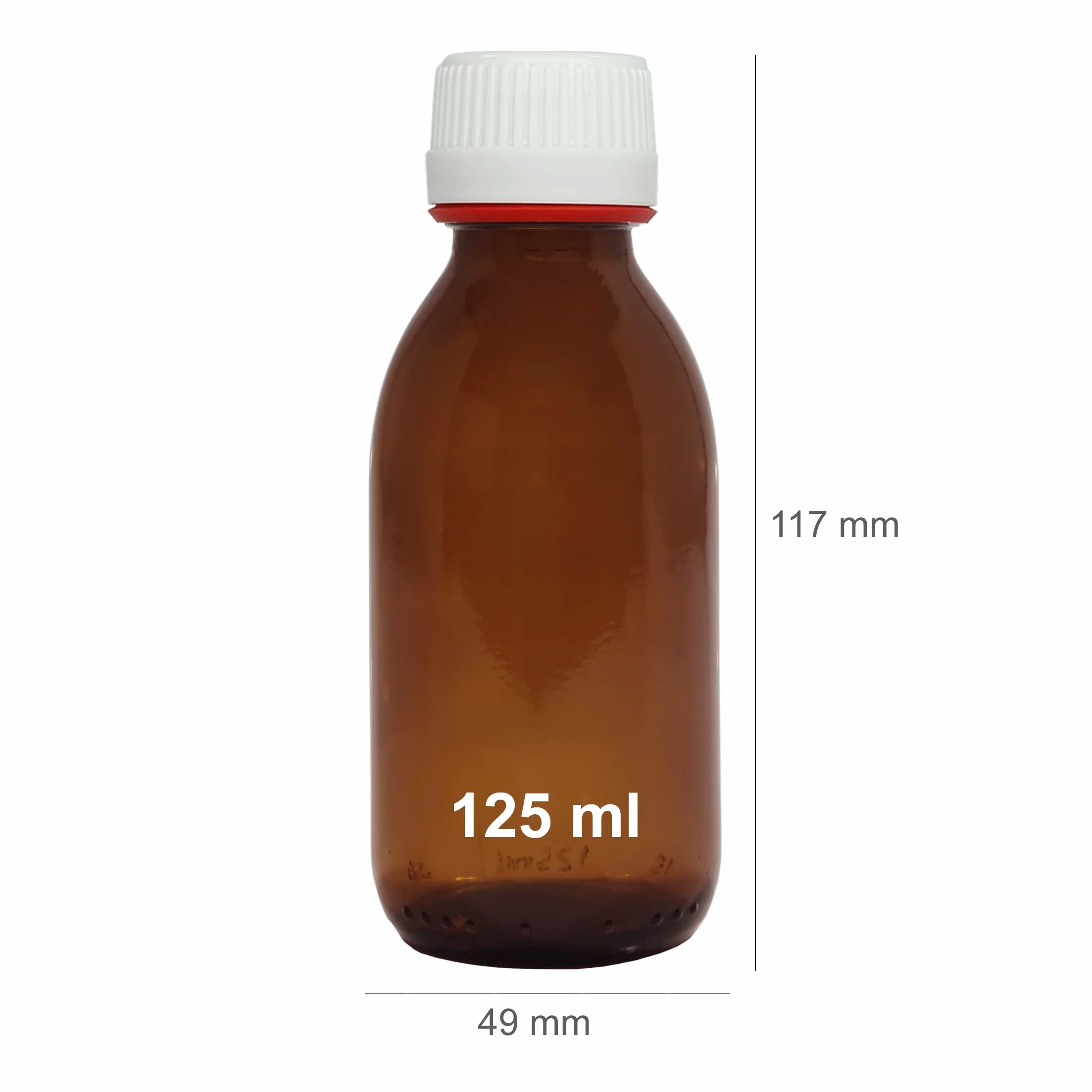 Botella de vidrio ámbar 125 ml con tapón a rosca y precinto - 6 unidades