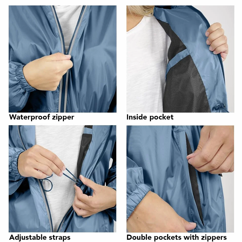 PERLETTI Chubasquero Mujer Cortaviento Ligero con Cremallera - Impermeable Mujer con Capucha Detalles Reflectantes - Chaqueta Trench Deporte Transpirable Waterproof Reutilizable Mujeres