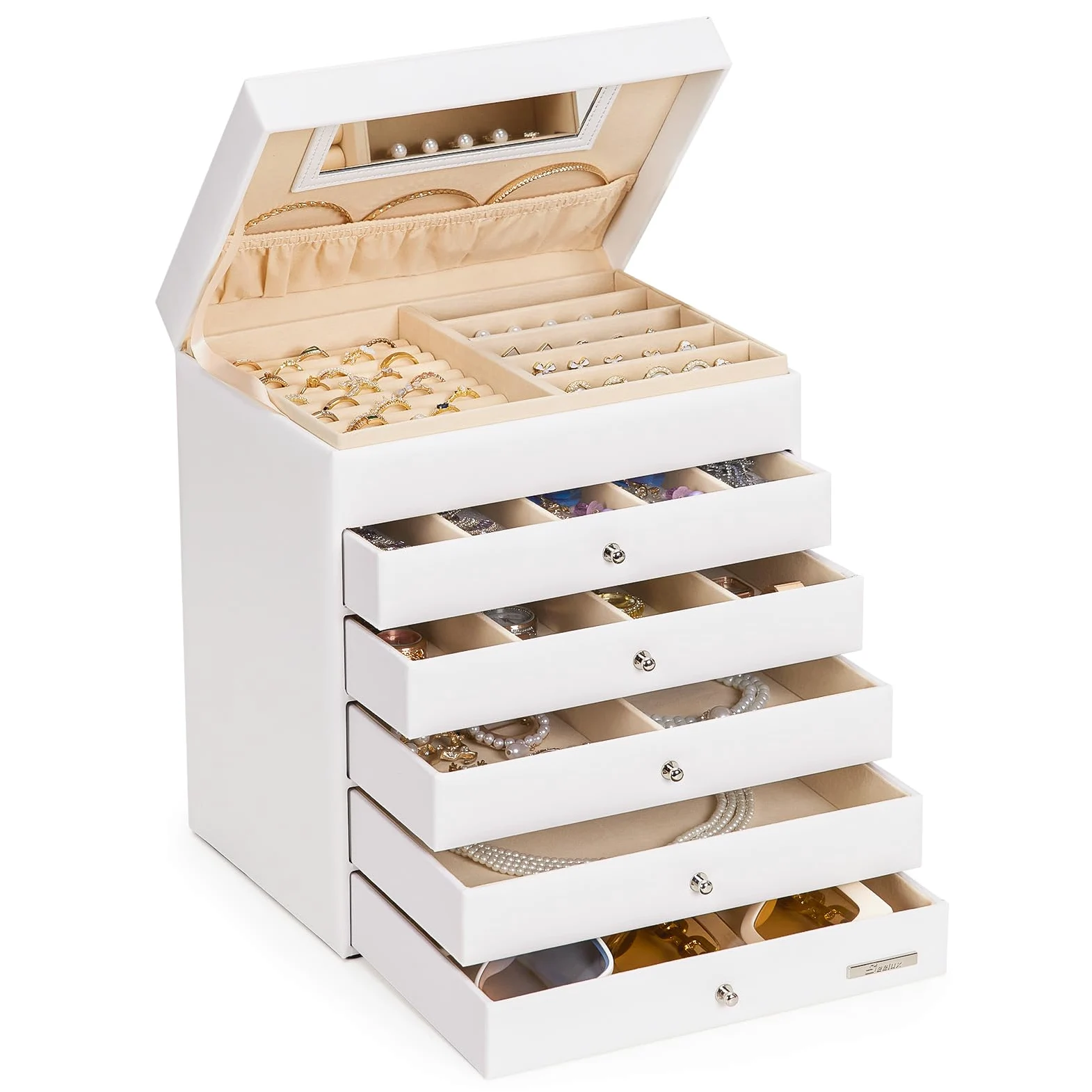 Yorbay Caja de joyas grande con espejo para mujer: 6 niveles y 5 cajones | Compartimentos collares anillos pendientes relojes–Para tocador cómoda–Piel sintética forro terciopelo–Blanco