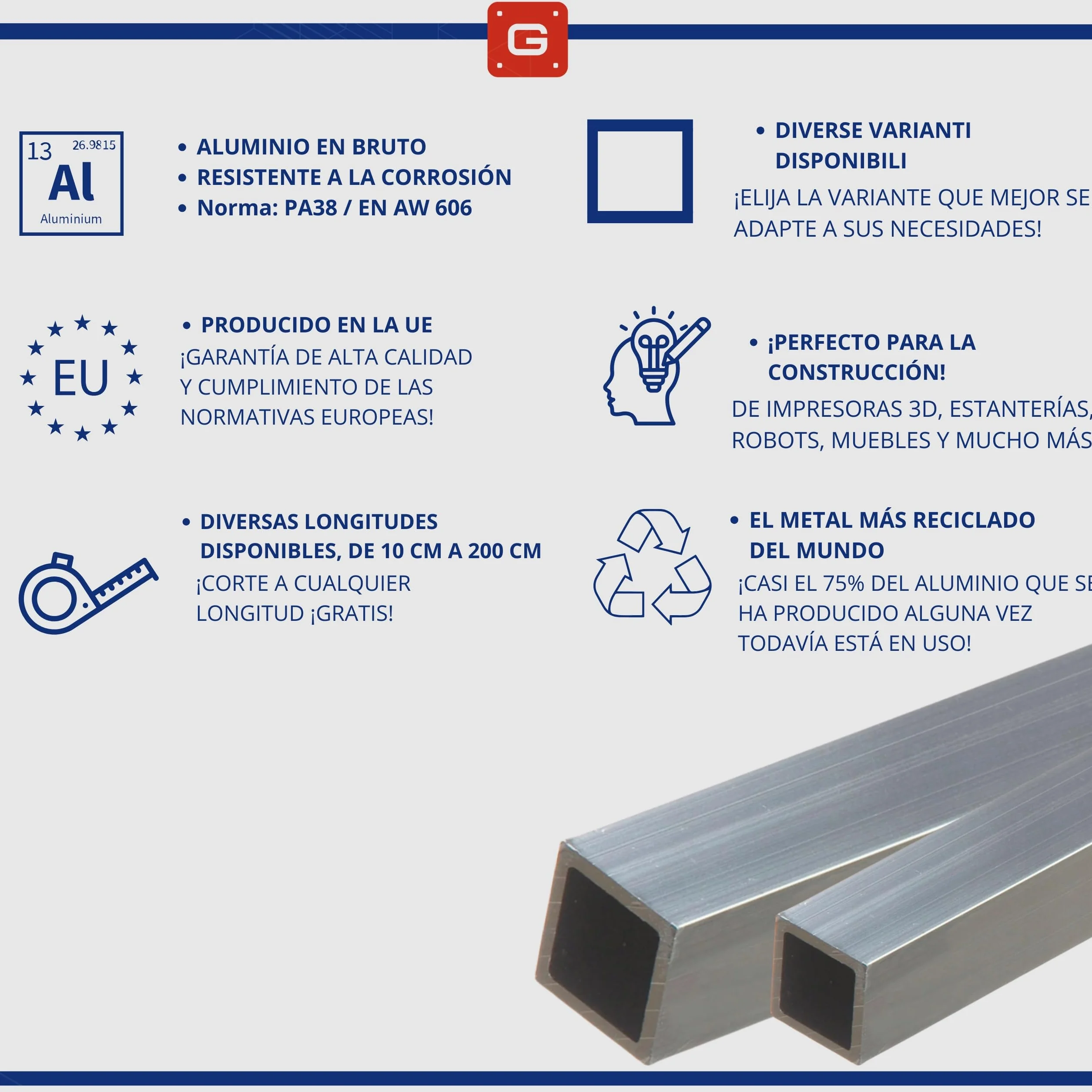 Tubo Cuadrado de Aluminio 40x40x2 mm 200 cm Perfil EN AW-6060