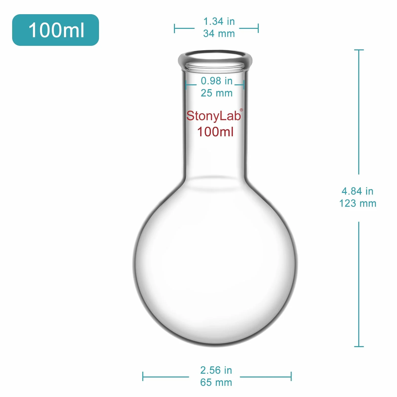 Matraz Fondo Redondo Cuello Largo de Cristal Borosilicato Pared Gruesa RBF 100ml