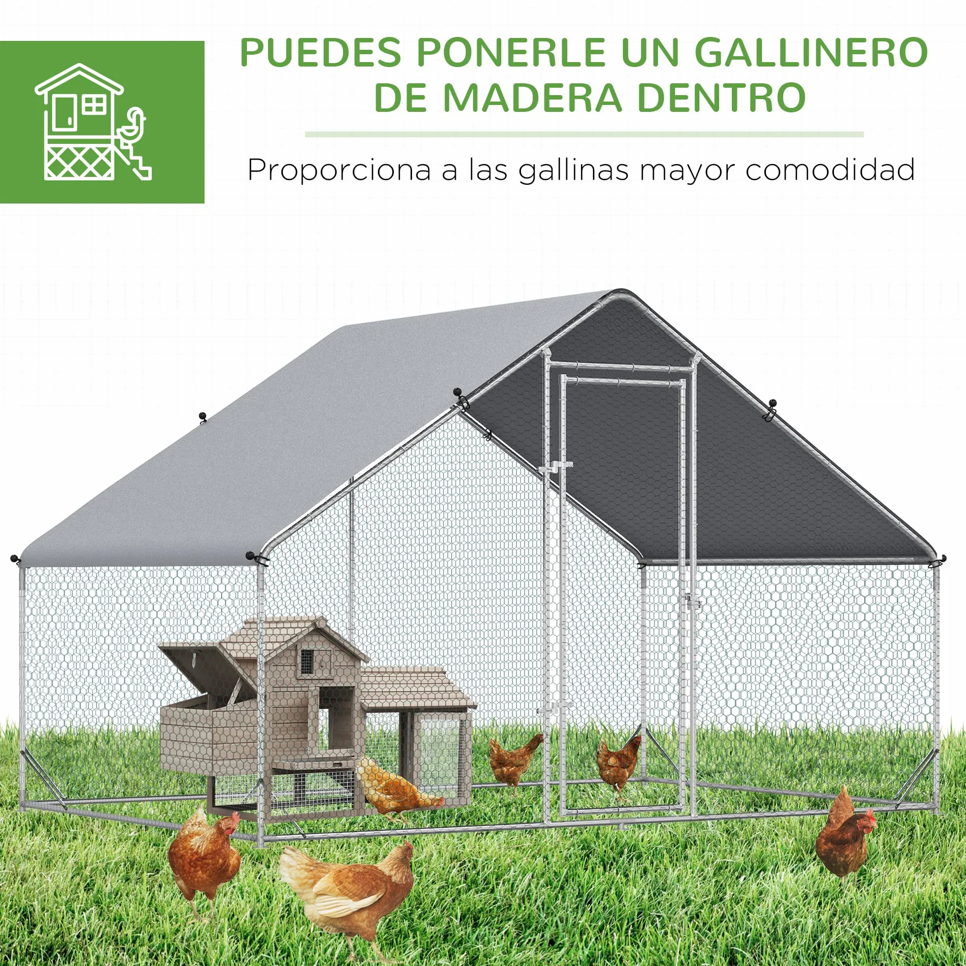PawHut Gallinero Exterior Grande 3x2x2 m Jaula 4-6 Gallinas Acero Galvanizado Cubierta PE Cerradura Plata