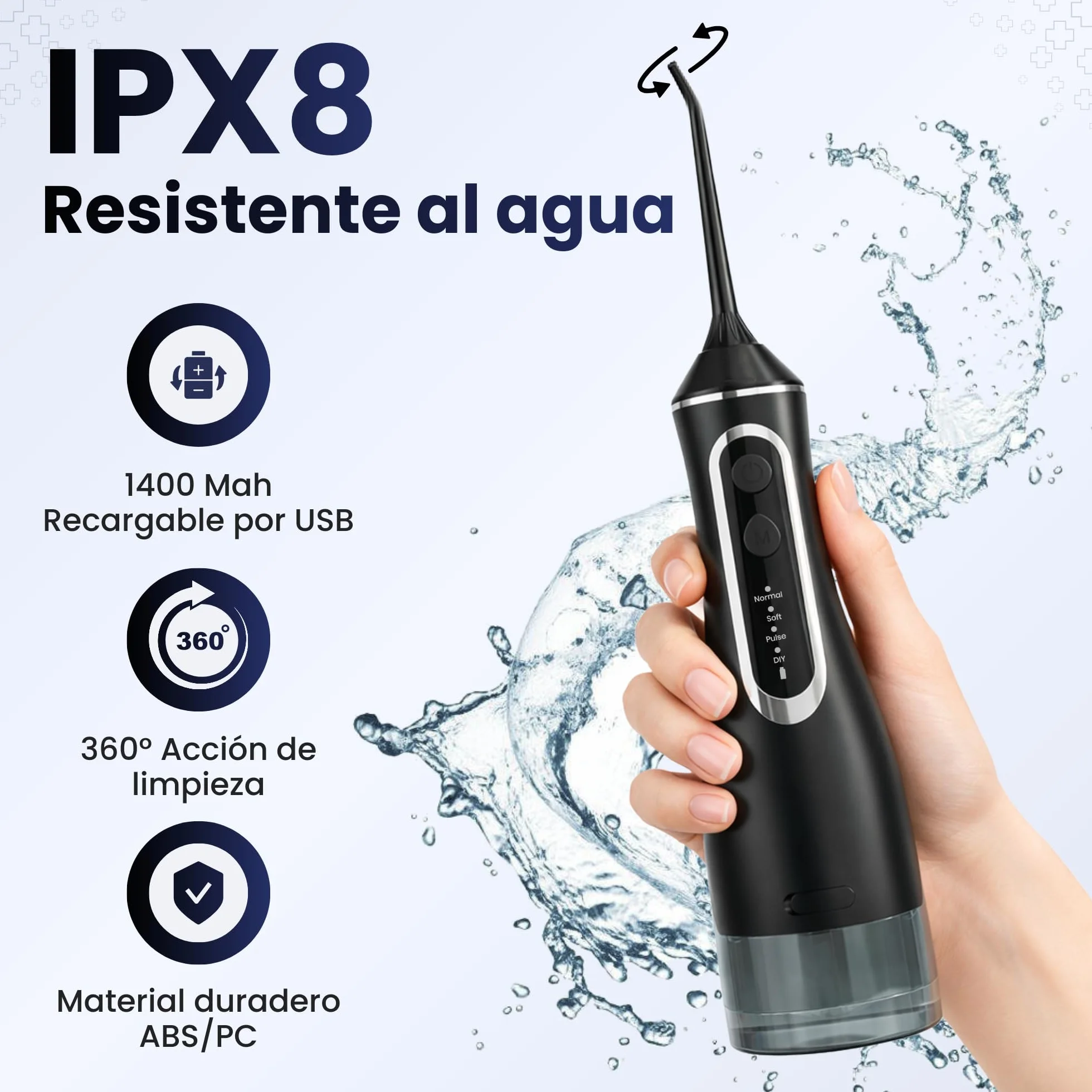 BeFit Water Flosser Portatil 320ml IPX8 4 Modos 120PSI 1400-1800/min Batería Recargable USB 1200 mAh