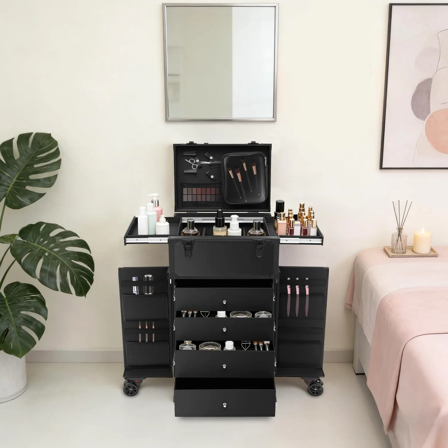 Maletín de maquillaje con ruedas, de aluminio, grande, con 4 cajones, asa telescópica, con cierre, maletín de peluquería móvil para diseño de uñas, peluquería