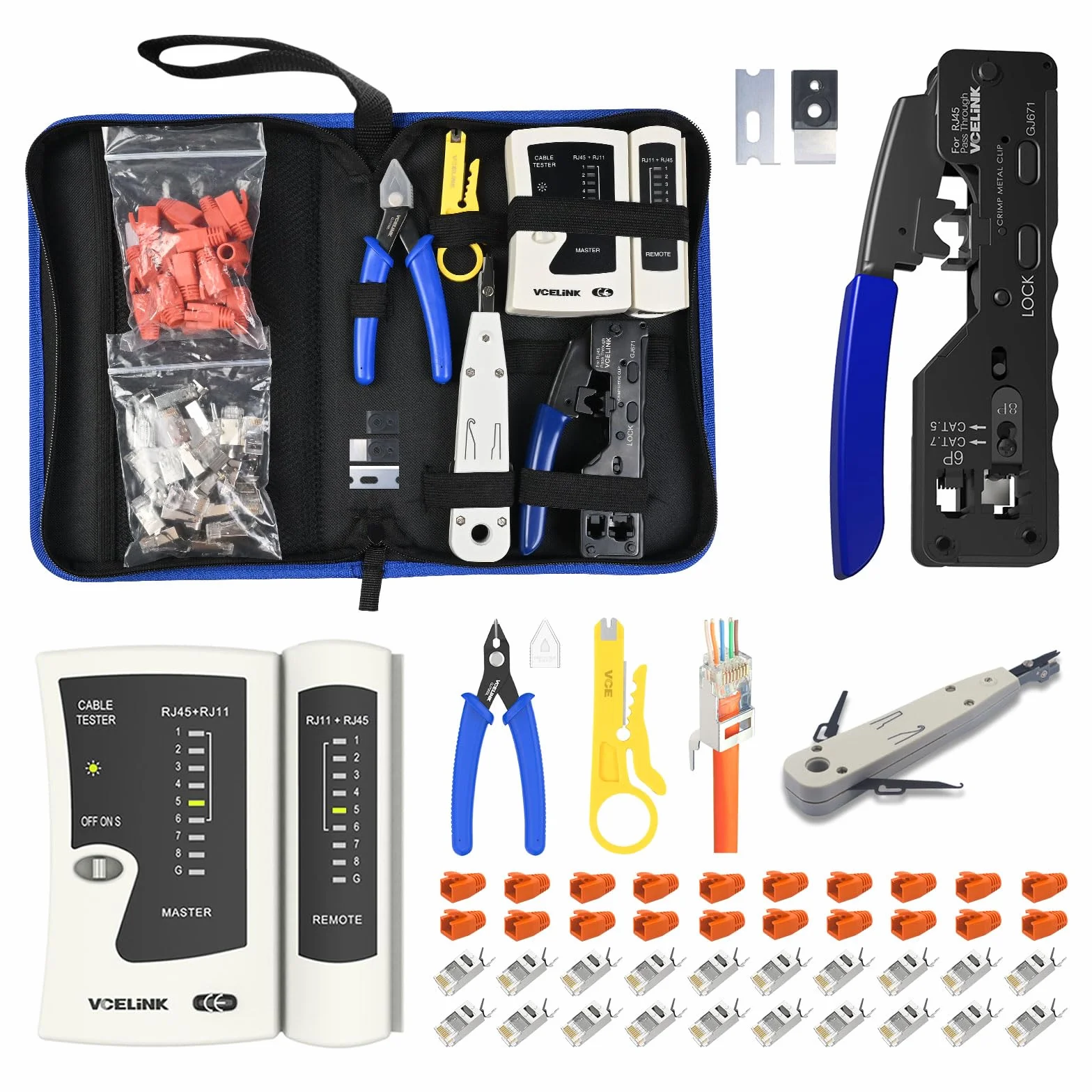 VCELINK GJ671 Kit de Crimpadora RJ45 Profesional Compatible con CAT7/CAT6A/CAT6/CAT5E/CAT5