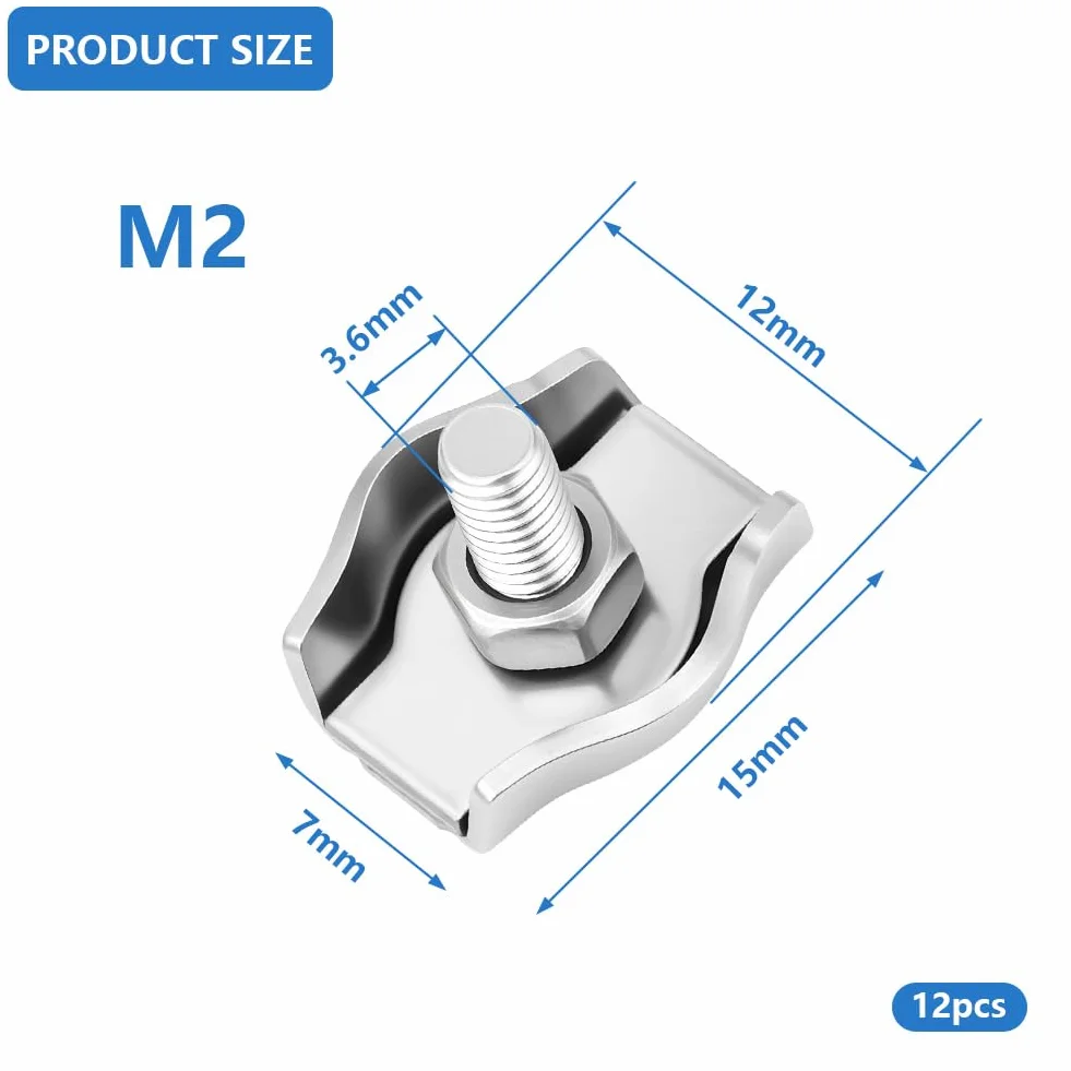 Flintronic Abrazadera de Cuerda de Alambre M2, 12 Piezas, Abrazadera de Cable de Acero Inoxidable 304, Clip Símplex para Cable de 2 mm