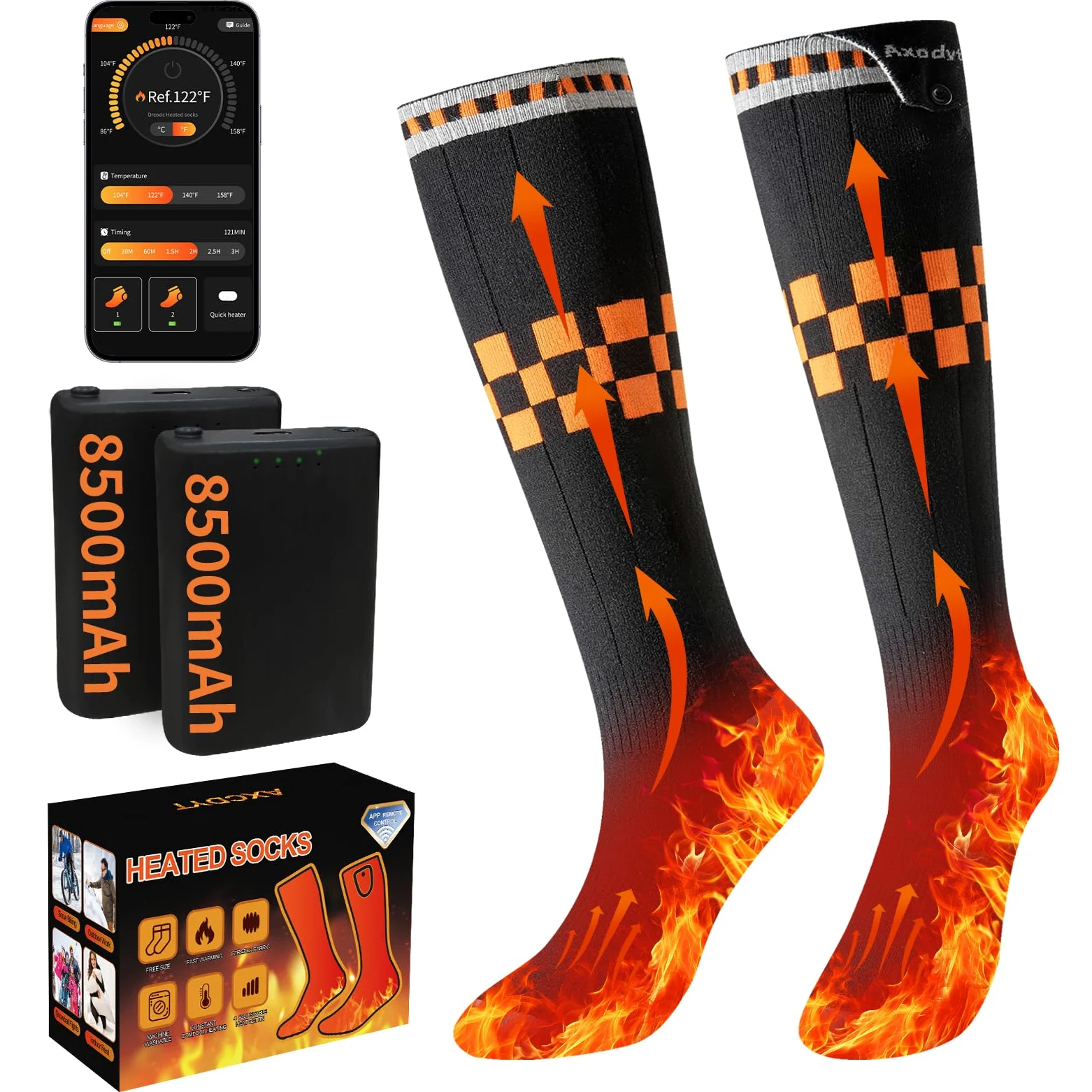 Calcetines con calefacción, funciona con pilas, 2 baterías recargables, control de aplicación, negro, talla única