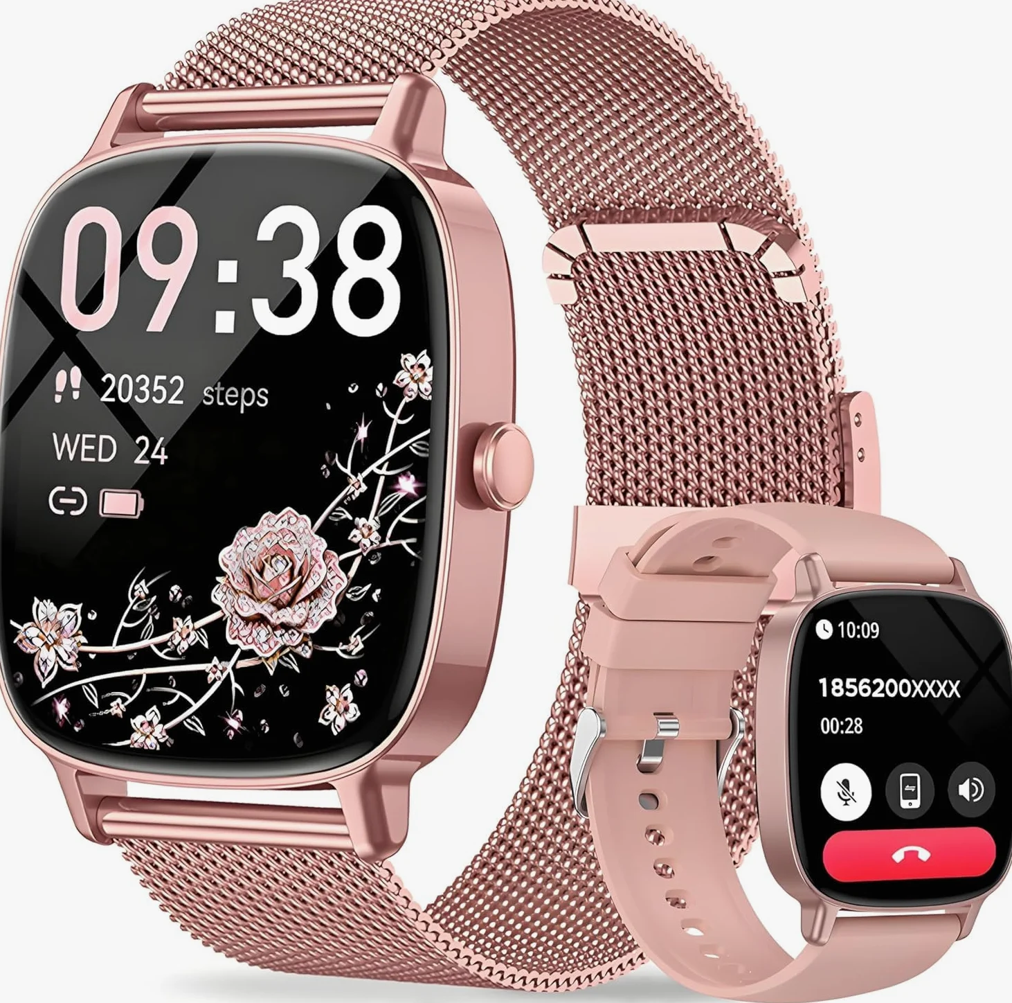 Reloj Inteligente Mujer,Respuesta/Realización Llamadas,Pantalla Ultra Nítida 1.85''HD,Monitor Fitness Tracker Frecuencia Cardíaca,Sueño/SpO2,Compatible IOS/Android,120+Modos Deportivos,IP68 y 2Correas