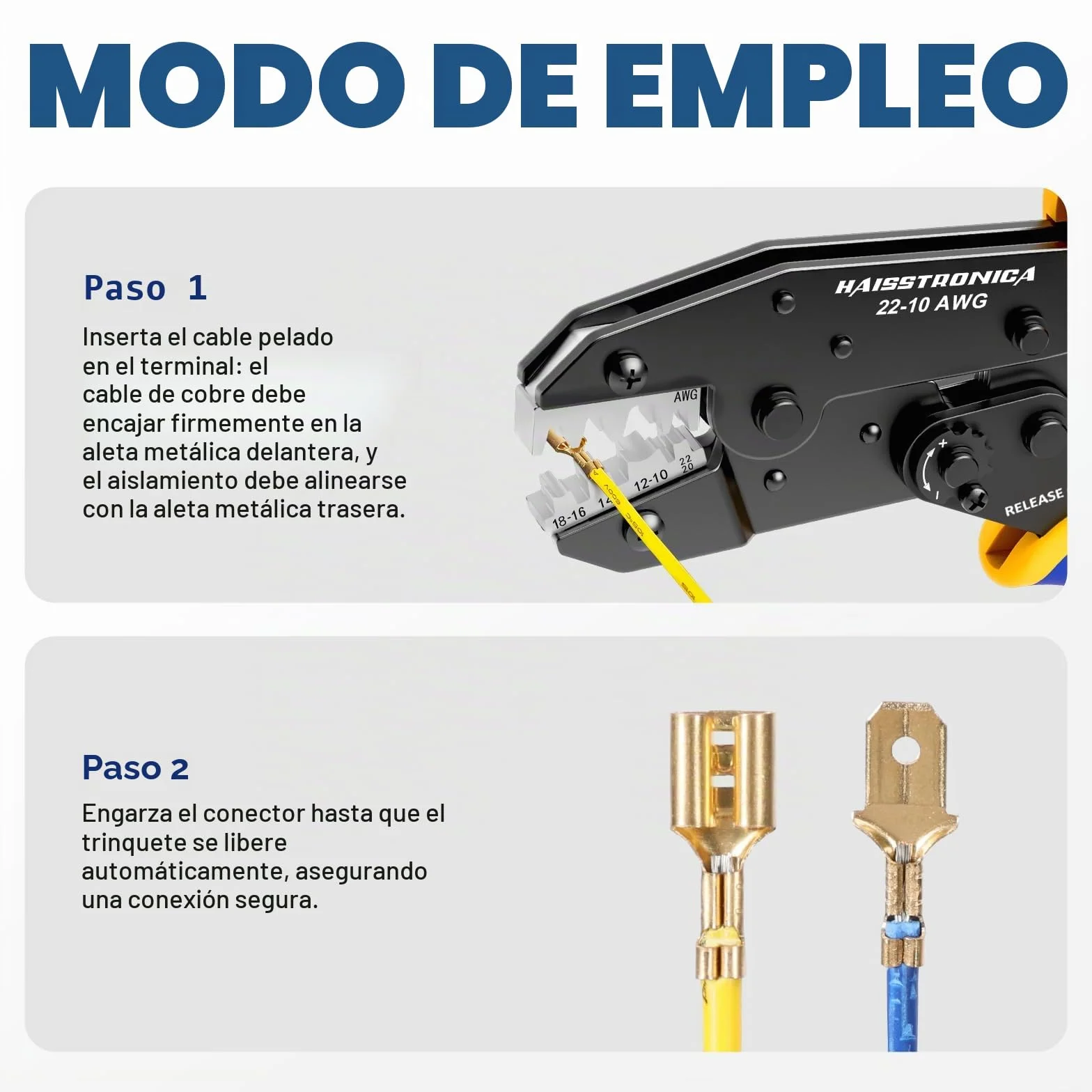 Haisstronica Crimpadora para Terminales Planos 0,5–6 mm² AWG 20–10, Conectores Tipo Spade, Alicate de Crimpado