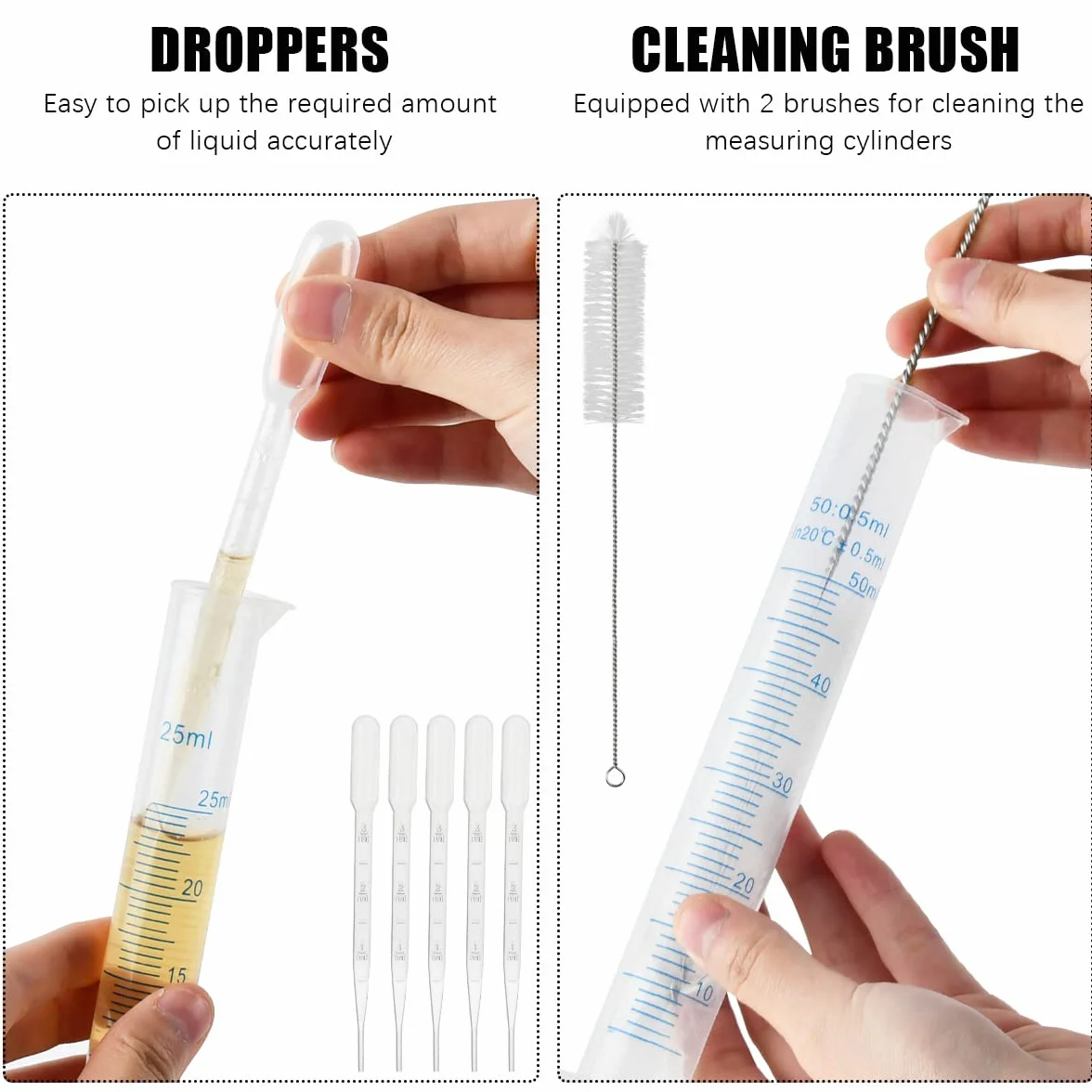 Juego cilindros graduados de plástico medición vasos tubos ensayo jarras frascos laboratorio ciencia pipetas cepillos transferencia líquidos 15pcs