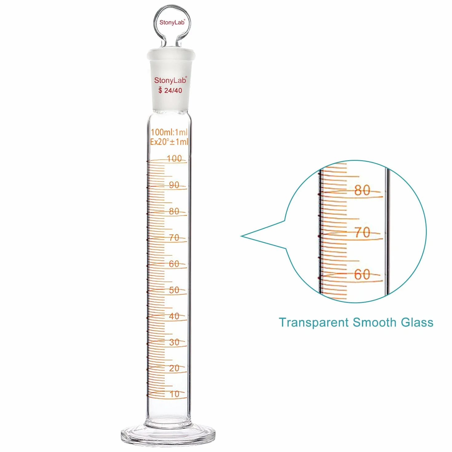 Stonylab Matraz de Vidrio de Borosilicato 100 ml con Junta 24/40 y Tapón