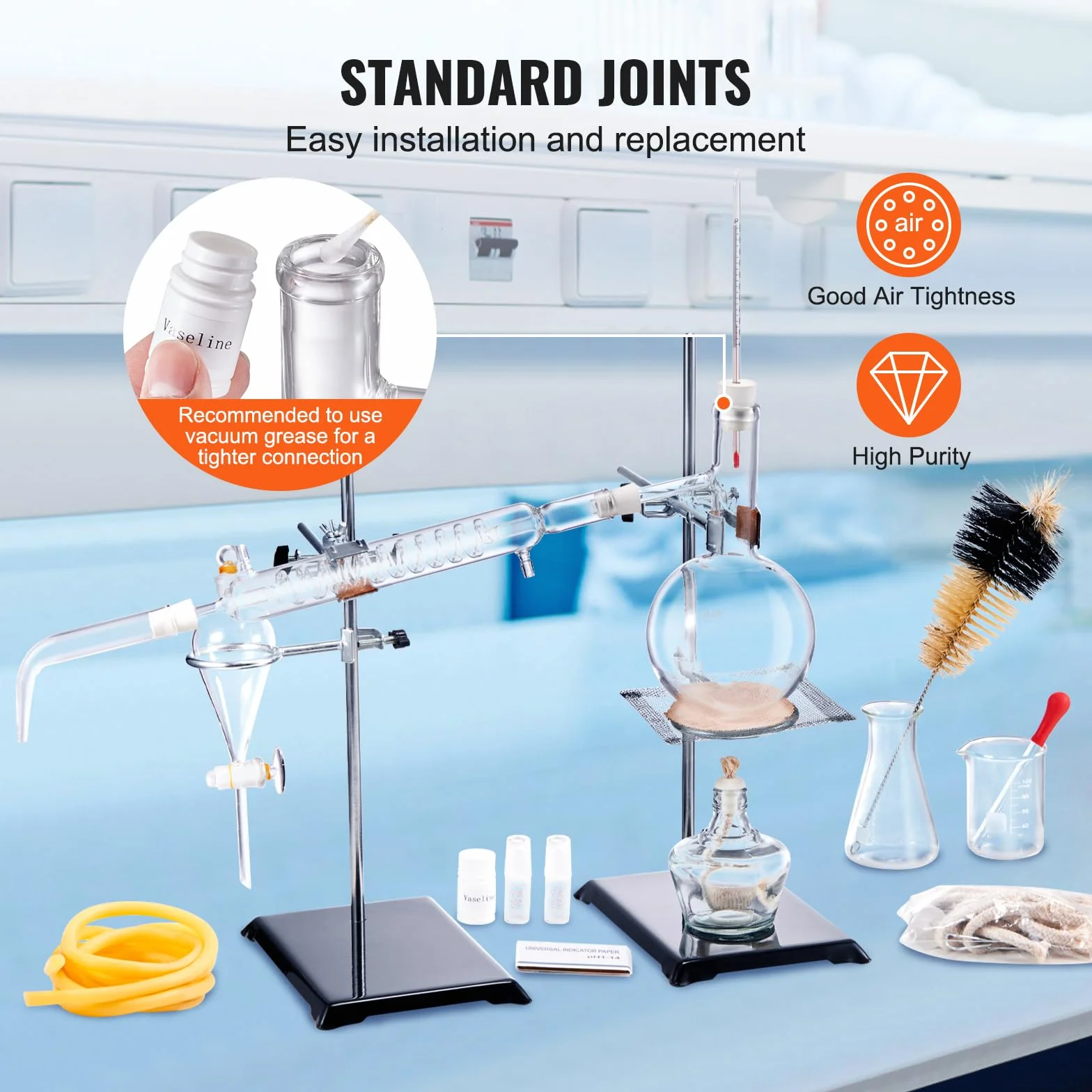 VEVOR Kit de destilación de aceites esenciales 500 ml, destilación de vidrio de laboratorio 3.3 Boro con lámpara de alcohol, malla de cerámica, conexión 24/40, 28 piezas