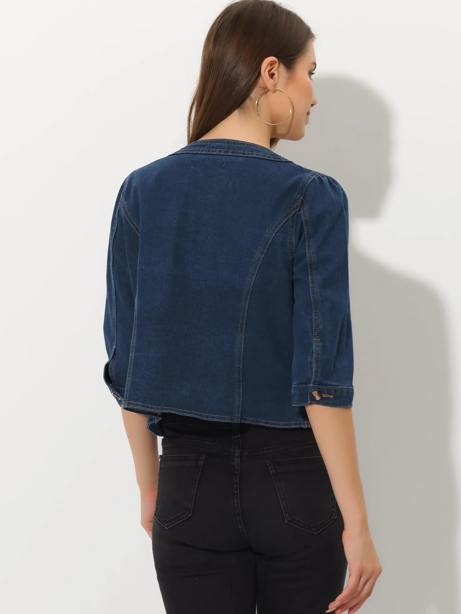 Allegra K Chaqueta Corta Mezclilla Mujer Sin Cuello Manga 3/4 Cárdigan Vaquero