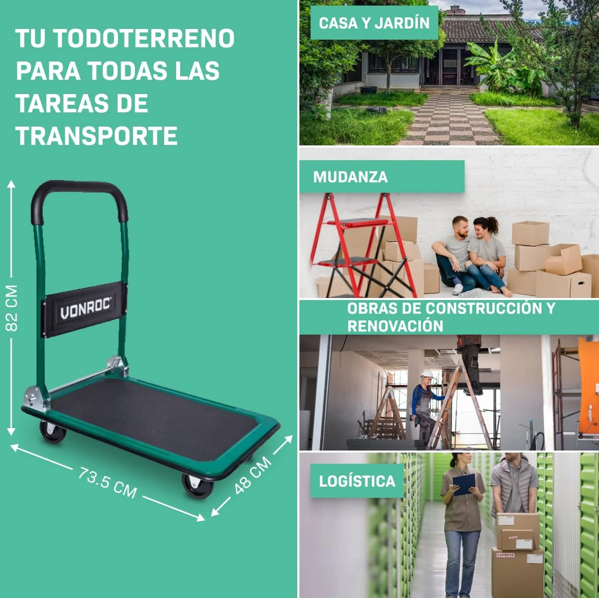 VONROC Carretilla Plegable 150 kg Plataforma Antideslizante 47x73 cm Ruedas 360°