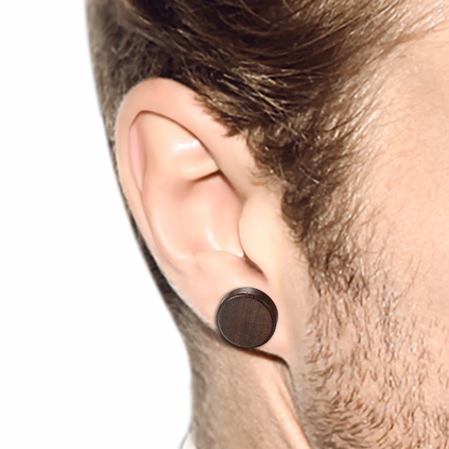 JewelryWe 1 Par Pendientes Madera Acero Inoxidable Pendientes Studs Pequeños de Hombre Mujer Unisex, Marrón Aretes Redondos de Tapones Pendientes 8-10mm
