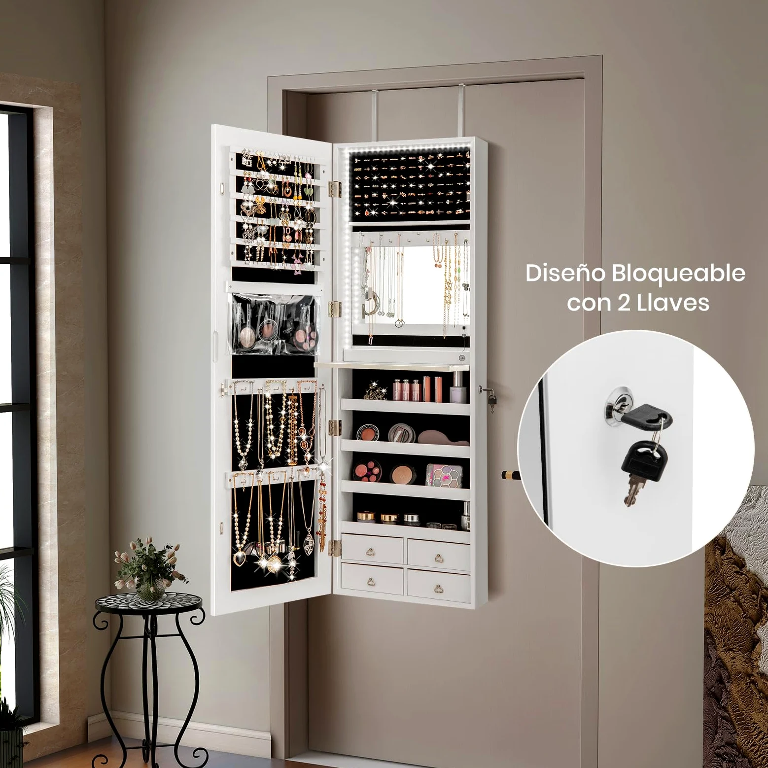 GOPLUS Espejo Joyero con LED, 120 x 37 x12 cm, Armario con Espejo de Pared y en Puerta, Organizador para Pendientes, Collares con Almacenaje, Decoracion Dormitorio Blanco