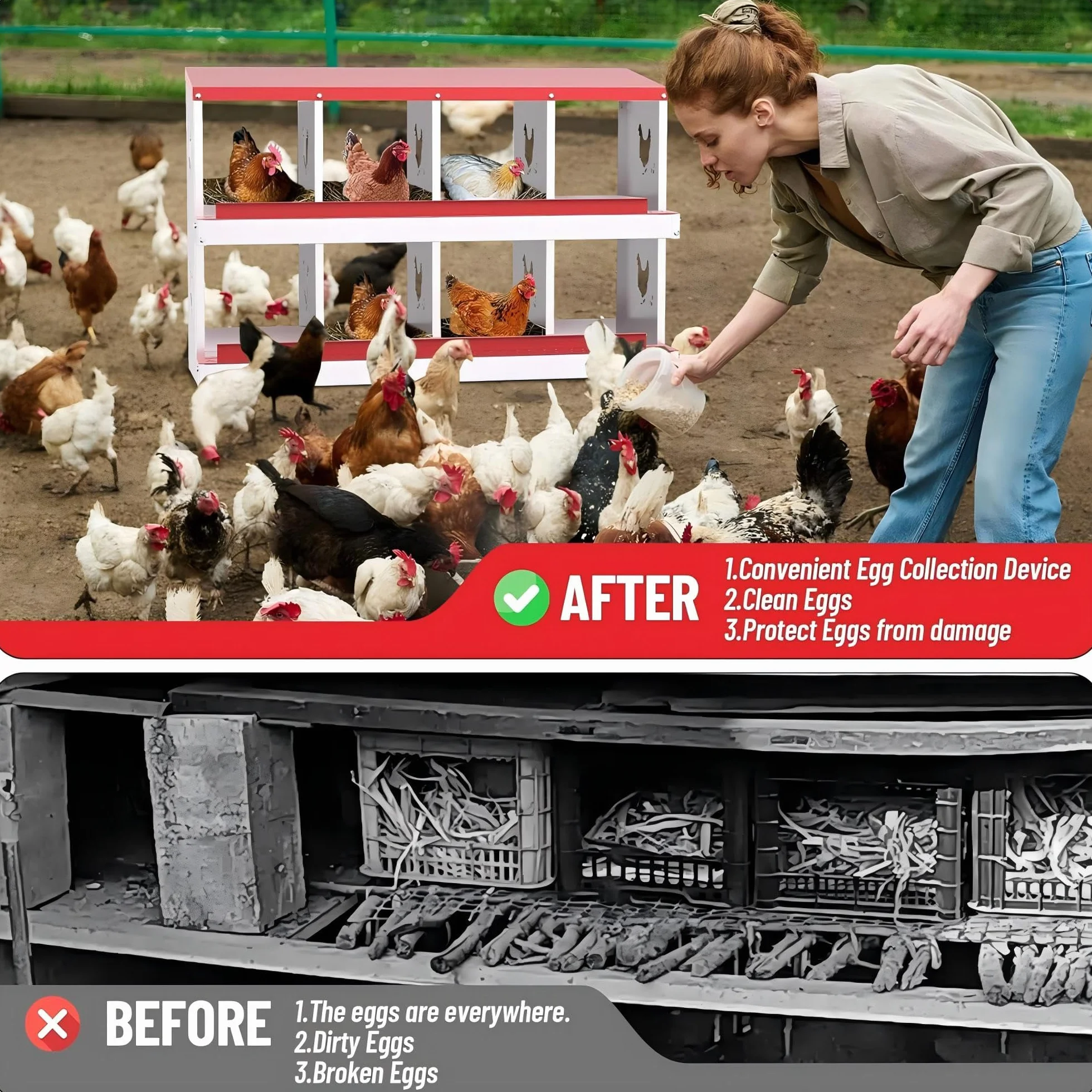Garvee Caja Nido para Gallinas 8 Compartimentos, Nidal de Acero Galvanizado con Ventilación Lateral, Bandeja Extraíble