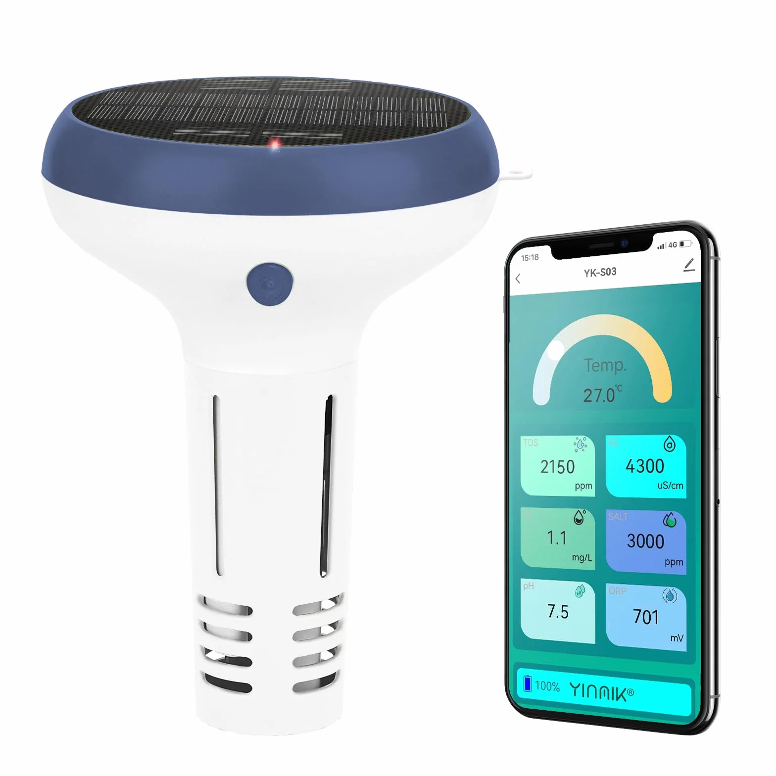Medidor Cloro y pH Piscinas WiFi, Analizador Inteligente 7 en 1 Agua Piscina Salina, Mide pH, Cloro Residual, Sal, ORP, EC TDS, Temp con Carga Solar
