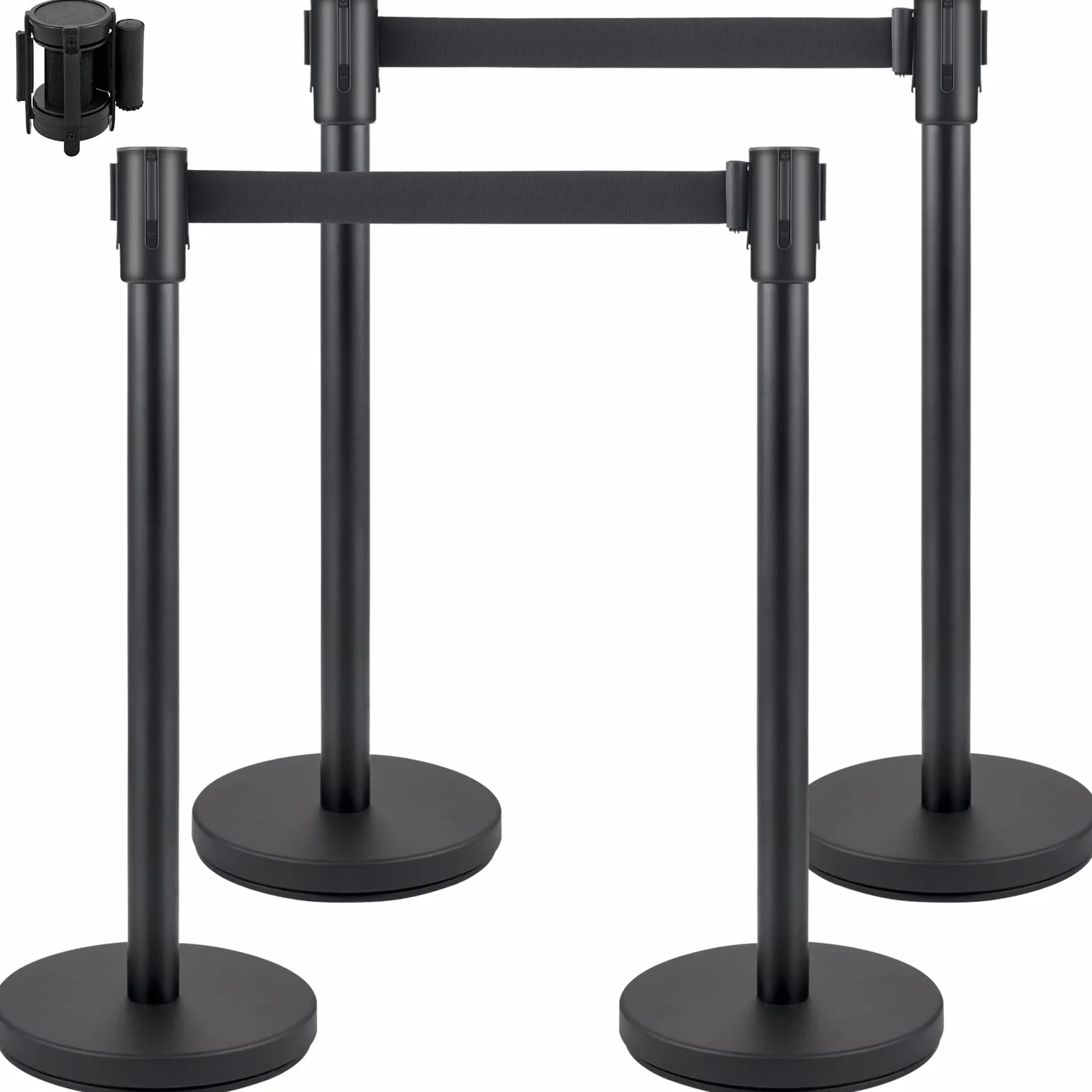 VEVOR Postes para Control de Multitudes 4 Piezas Barrera con Cinturón Retráctil Negro 2 m Base de Hormigón y Metal