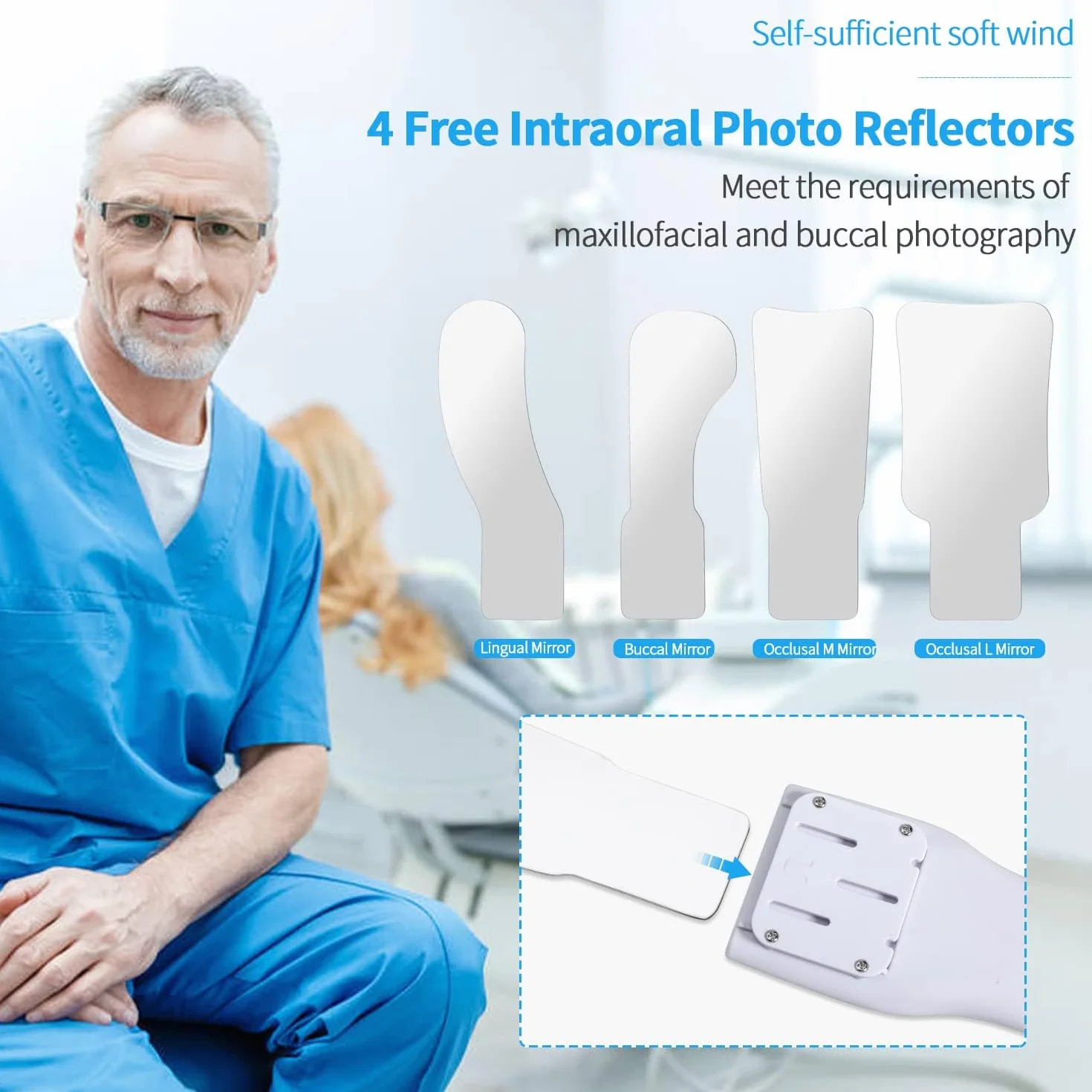 Espejo de fotografía dental sin niebla, espejo LED intraoral con cargador inalámbrico y ventilador, 4 espejos