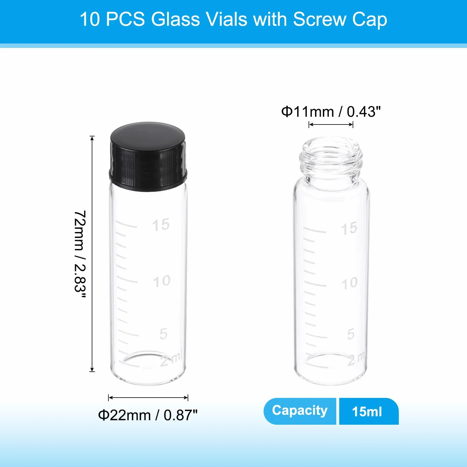PATIKIL 10 Piezas de 15 ml Viales de Vidrio Transparente con Tapa de Rosca Negra, Botellas de Muestra Graduadas de Vidrio Borosilicato