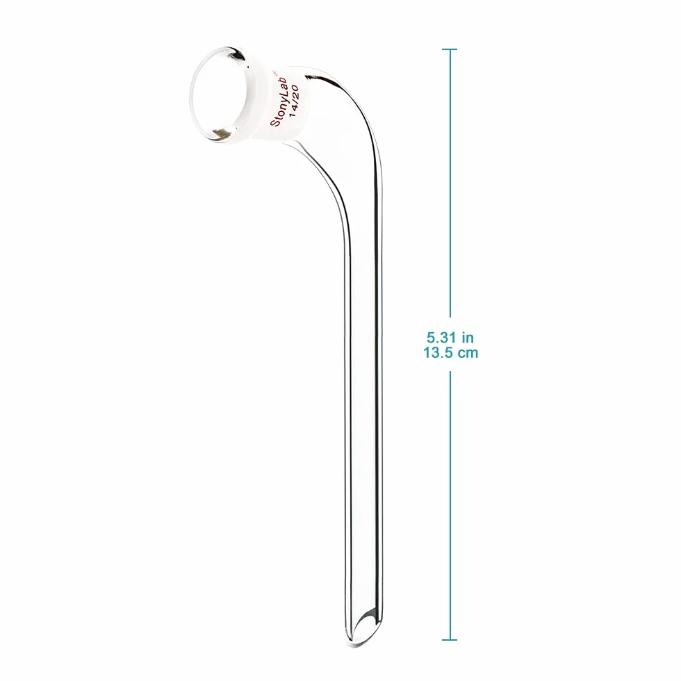 Adaptador de Destilación en Ángulo de 105 Grados, Vidrio de Borosilicato con Junta 14/20 y Tubo de Goteo de 100mm
