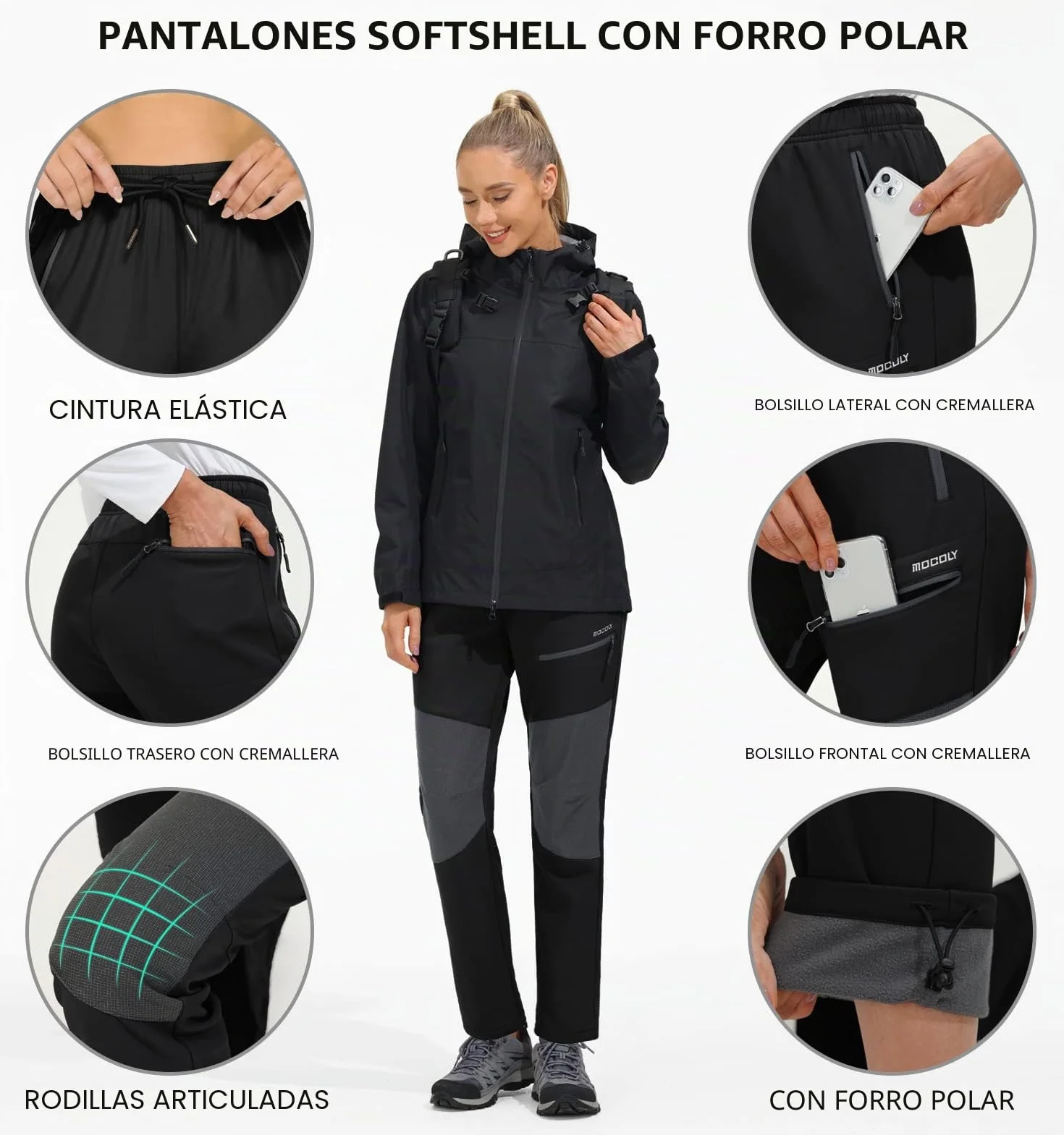 MOCOLY Pantalones Trekking Mujer Invierno Impermeable Montaña Senderismo Esquí Pantalones Térmicos con Forro Polar Pantalones Deportivos para Caza al Aire Libre Ciclismo Trabajo