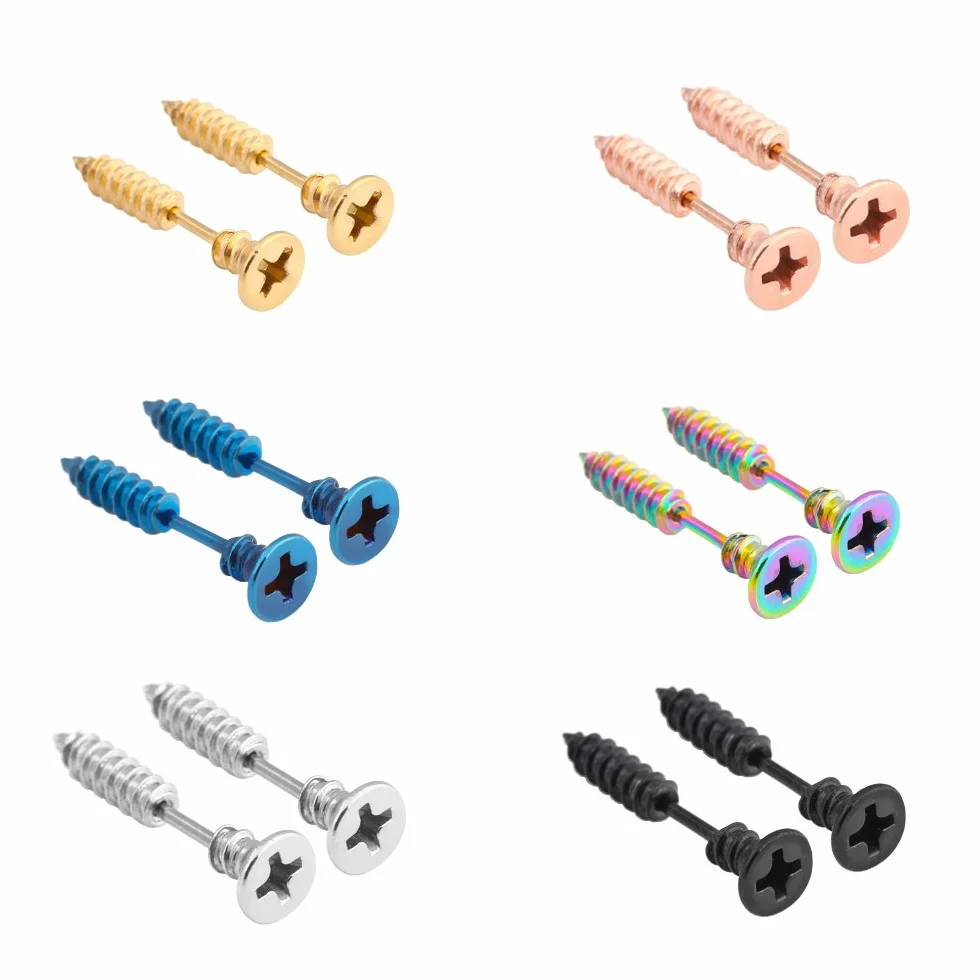 6 Pares de Pendientes de Acero Inoxidable para Hombre Mujer Aretes de Plata Negro Oro Pendientes Tornillo Hipoalergénico Piercing