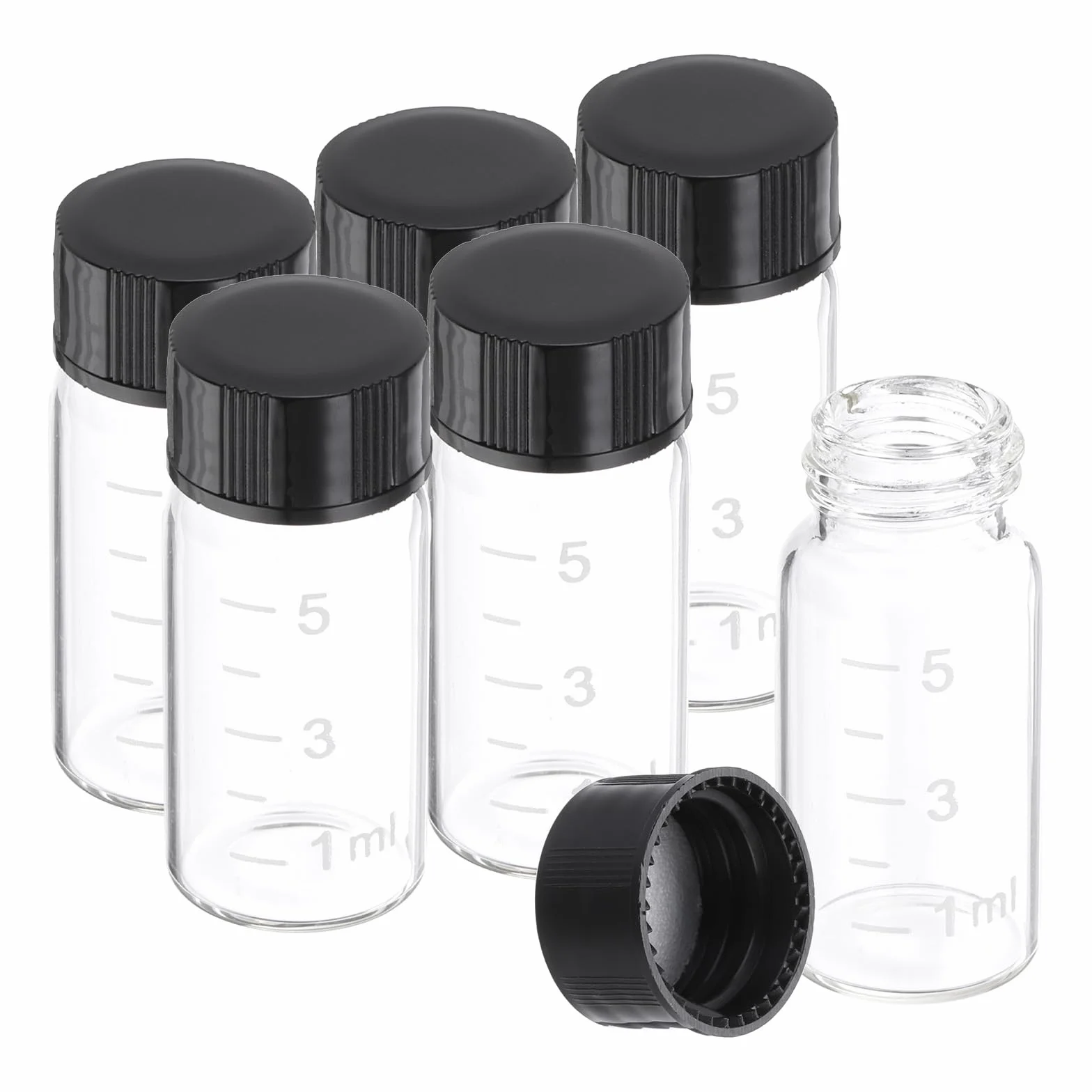 PATIKIL 6Pcs 5ml Viales de Vidrio Transparente con Tapa de Rosca Negra, Botellas de Muestra Graduadas de Vidrio Borosilicato