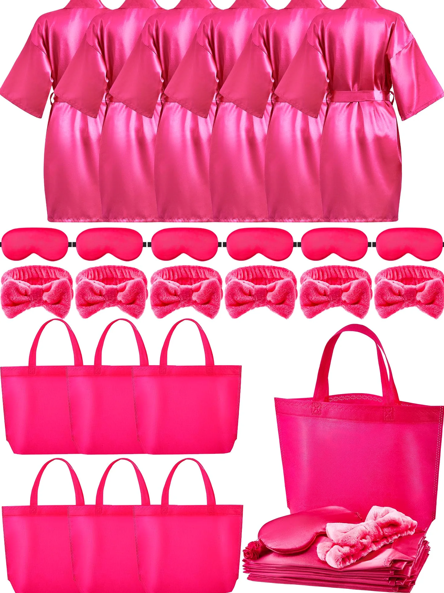 Sintuff 24 piezas de suministros de fiesta de pijamas para niñas, 6 batas de fiesta de spa, 6 bolsas, 6 diademas, 6 máscaras de spa (estilo rojo rosa, talla 10)