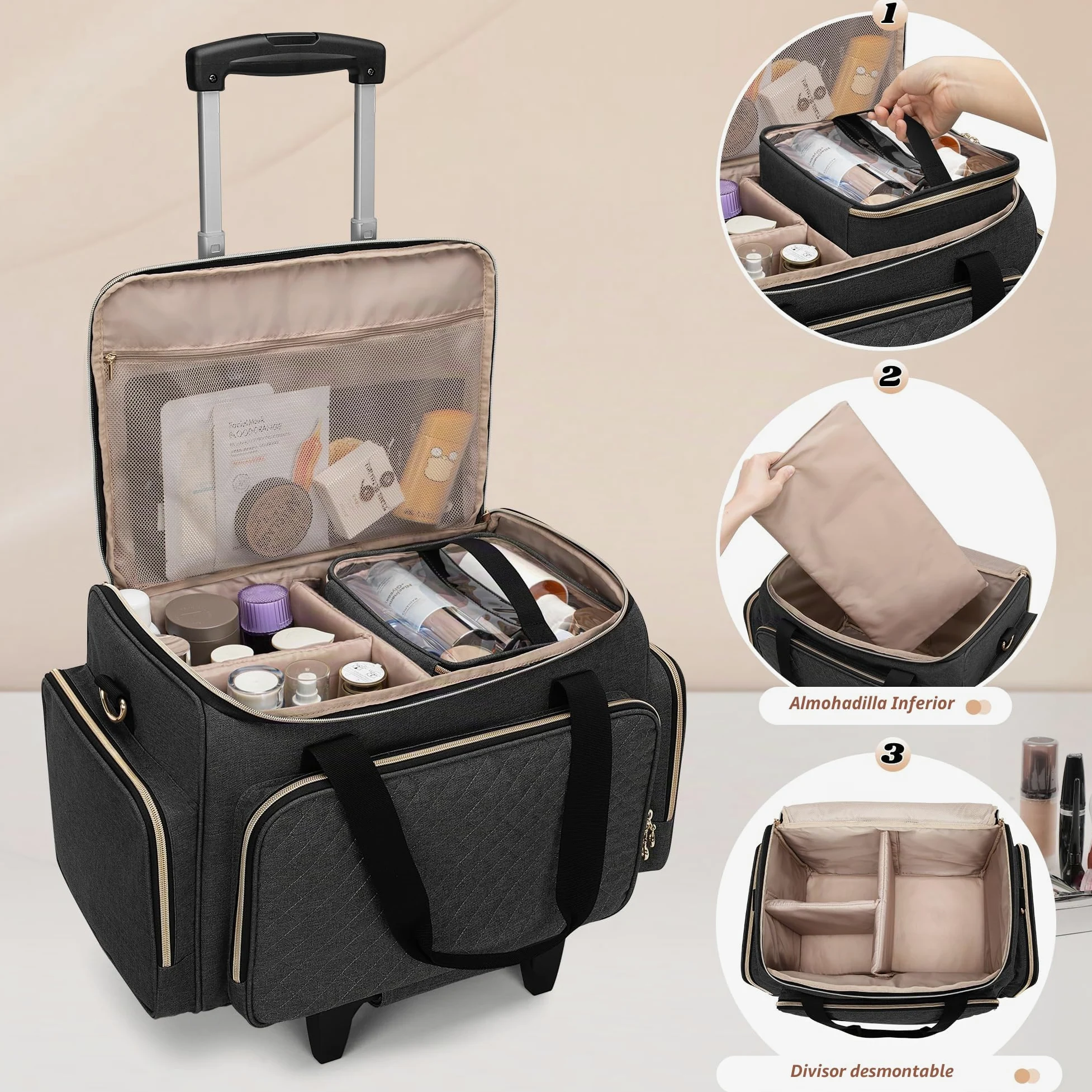 Luxja Estuche de Maquillaje con Ruedas, Bolsa de Cosméticos, Negro | Bolsa de Maquillaje con 3 Bolsas Extraíbles y 1 Bolsa para Brochas de Maquillaje
