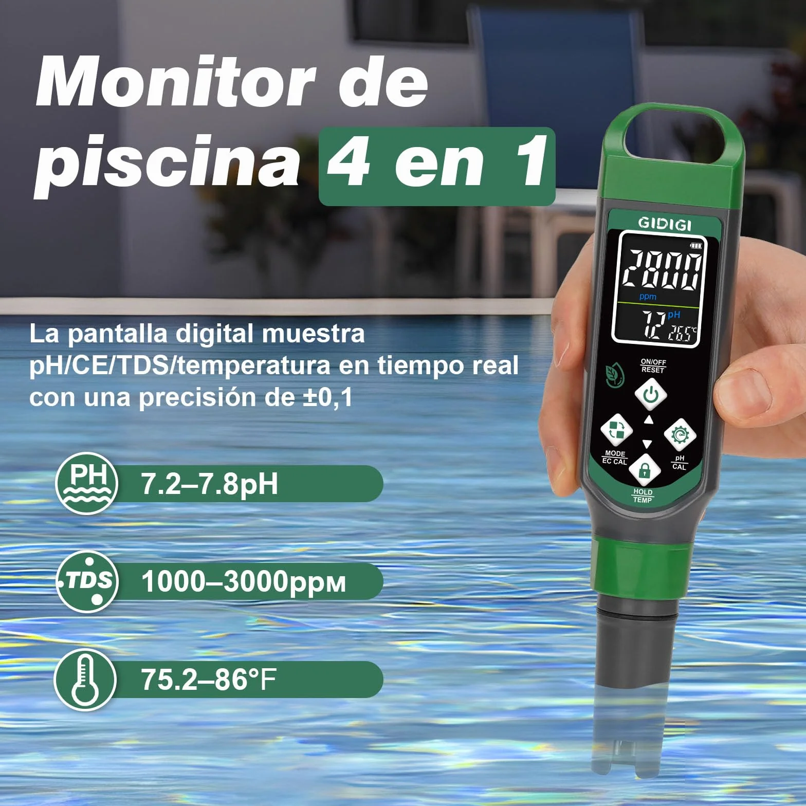 Medidor de pH y PPM 4 en 1 EC TDS TEMP con Pantalla a Color para Hidroponía Piscinas Cerveza