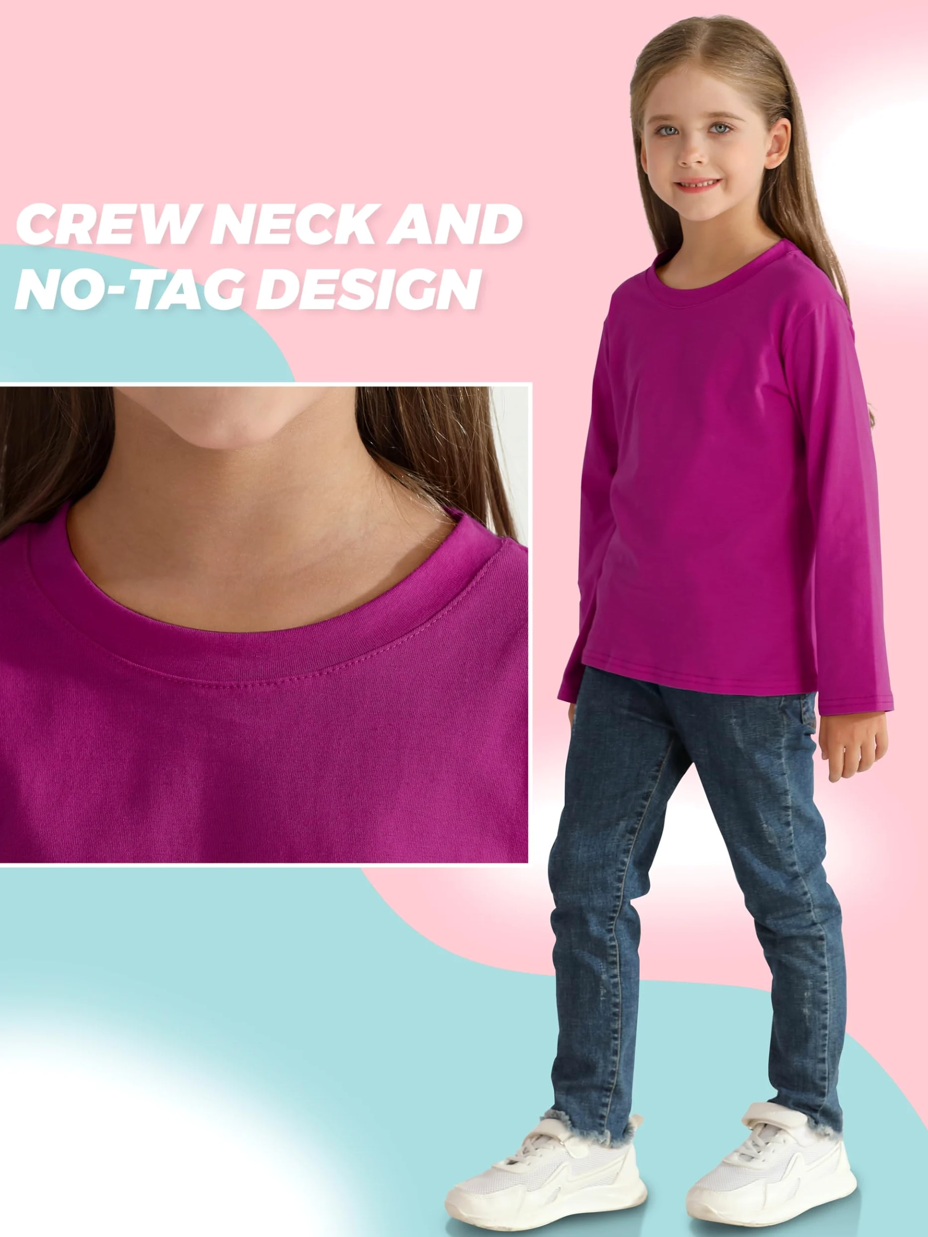 HoeVou Paquete de 4 camisetas de manga larga para niñas, de algodón suave, camisetas básicas sin etiquetas, para adolescentes y jóvenes