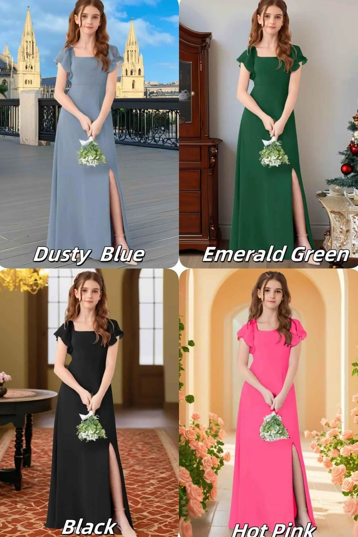 Vestidos de dama de honor de manga corta para niñas, vestido de fiesta formal, vestido largo con abertura baja, Azul (Dusty Blue), 12