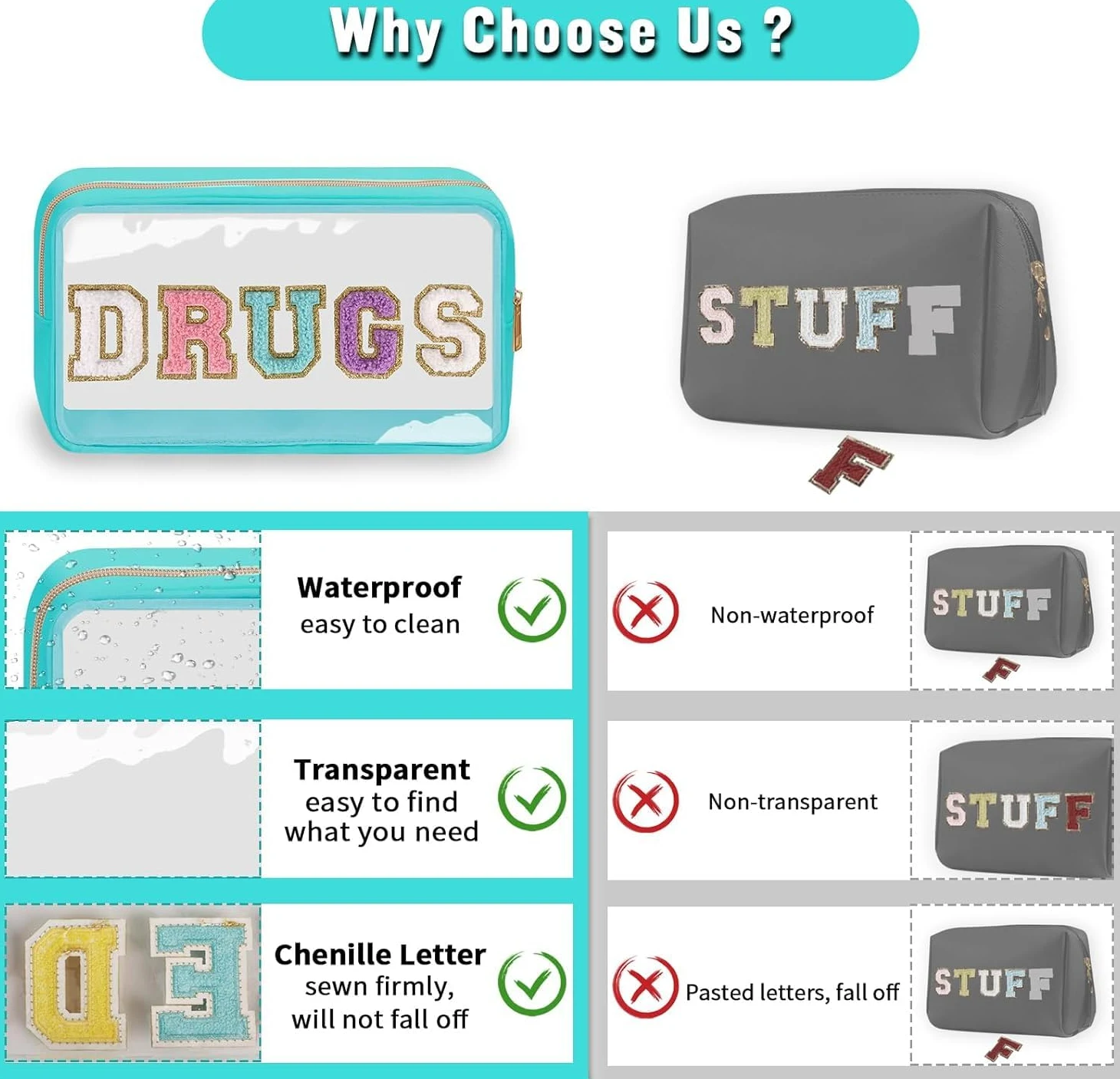 Bolsa de Aseo de PVC, Bolsa de cosméticos Transparente con Letras de Chenilla, Bolsa de Maquillaje Transparente, Bolsa Grande con Cremallera for Medicina de Viaje, Nailon Multicolor