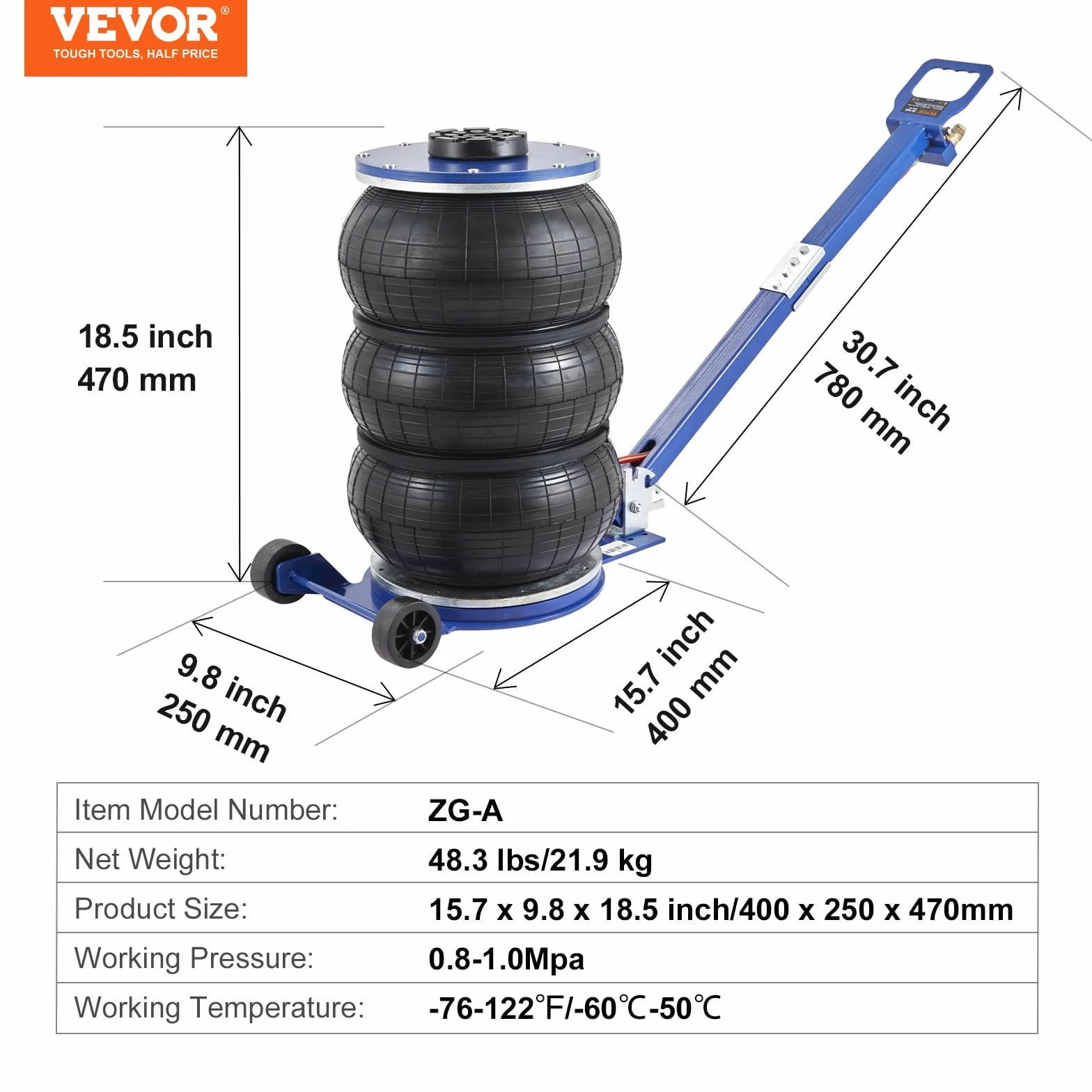 VEVOR Gato Neumático 5T Elevación 140-470 mm 0,8-1,0 MPa Coche SUV Taller
