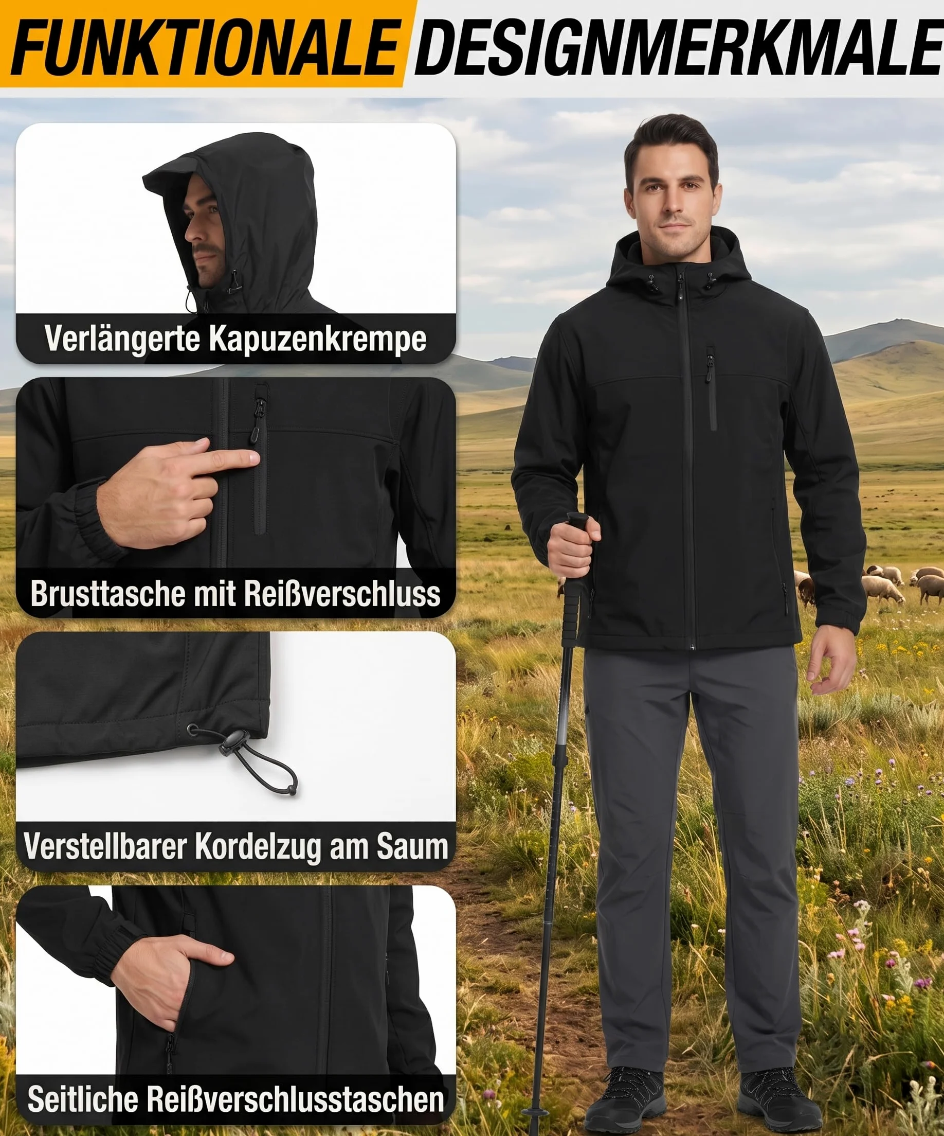 W JIANWANG Chubasquero para hombre, impermeable, transpirable, con capucha, resistente al viento, costuras selladas, chaqueta rígida ligera para senderismo, trekking, bicicleta, camping