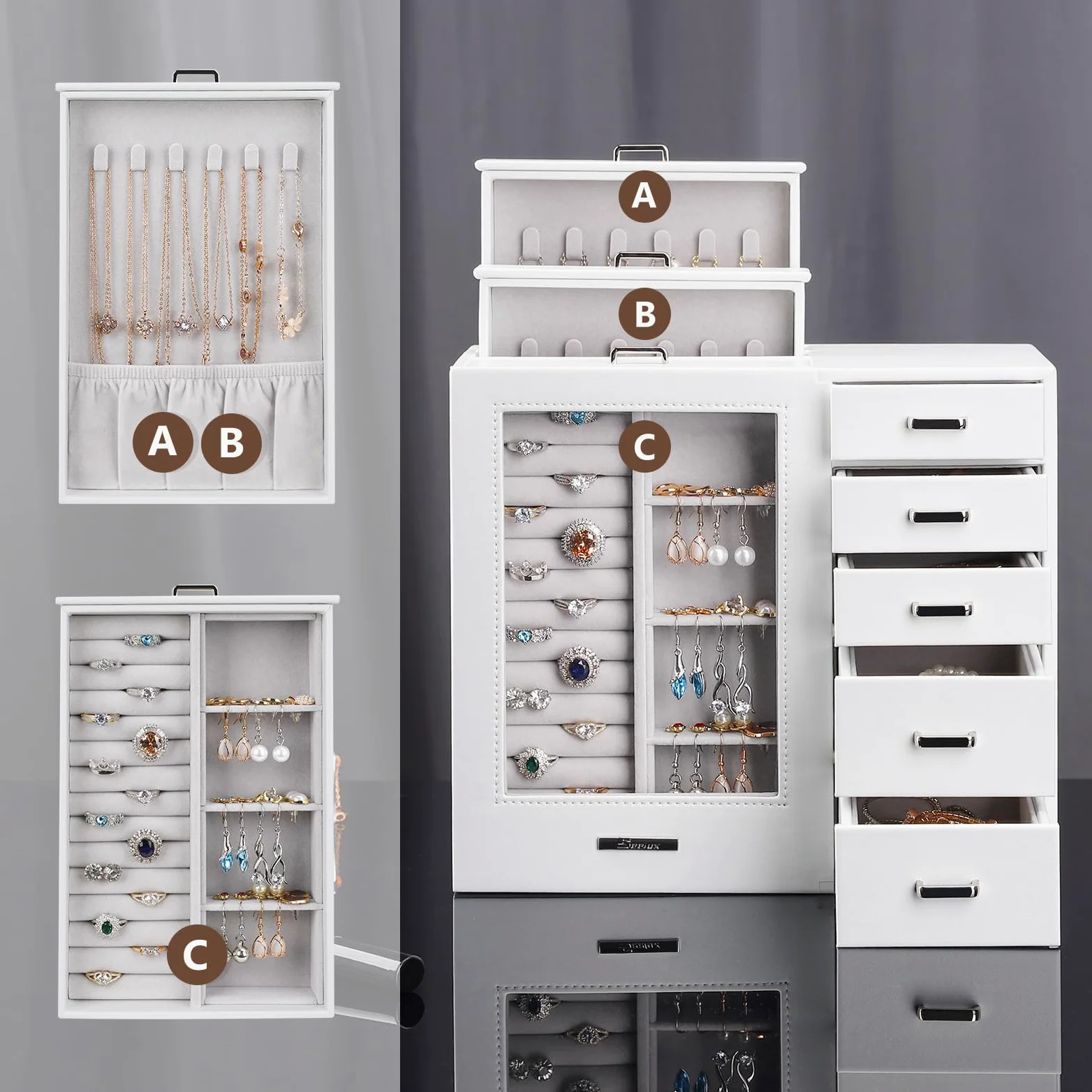 Joyero Grande con Vitrina para Mujer: 8 Cajones para Joyas | Organiza Collares Anillos Relojes y Pendientes-Tocador y Dormitorio-Frontal de Cristal para una Selección Rápida-Blanco