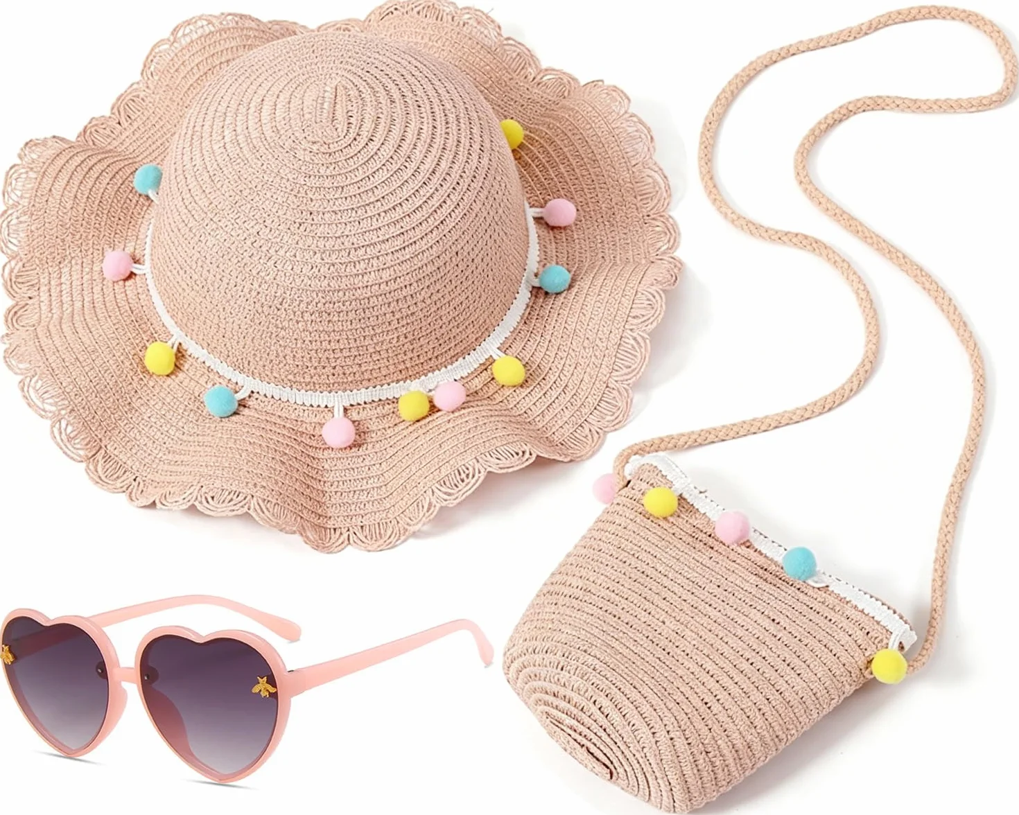 Sombrero de Paja Niñas, Gorra de Sol Chica y Bolsa de Paja Set Gorro de Playa Gafas de Sols Playa de Verano Sombrero Mini Bolsa Cruzada de Pajas Sombreros para Beach Viaje Piscina(Rosa)