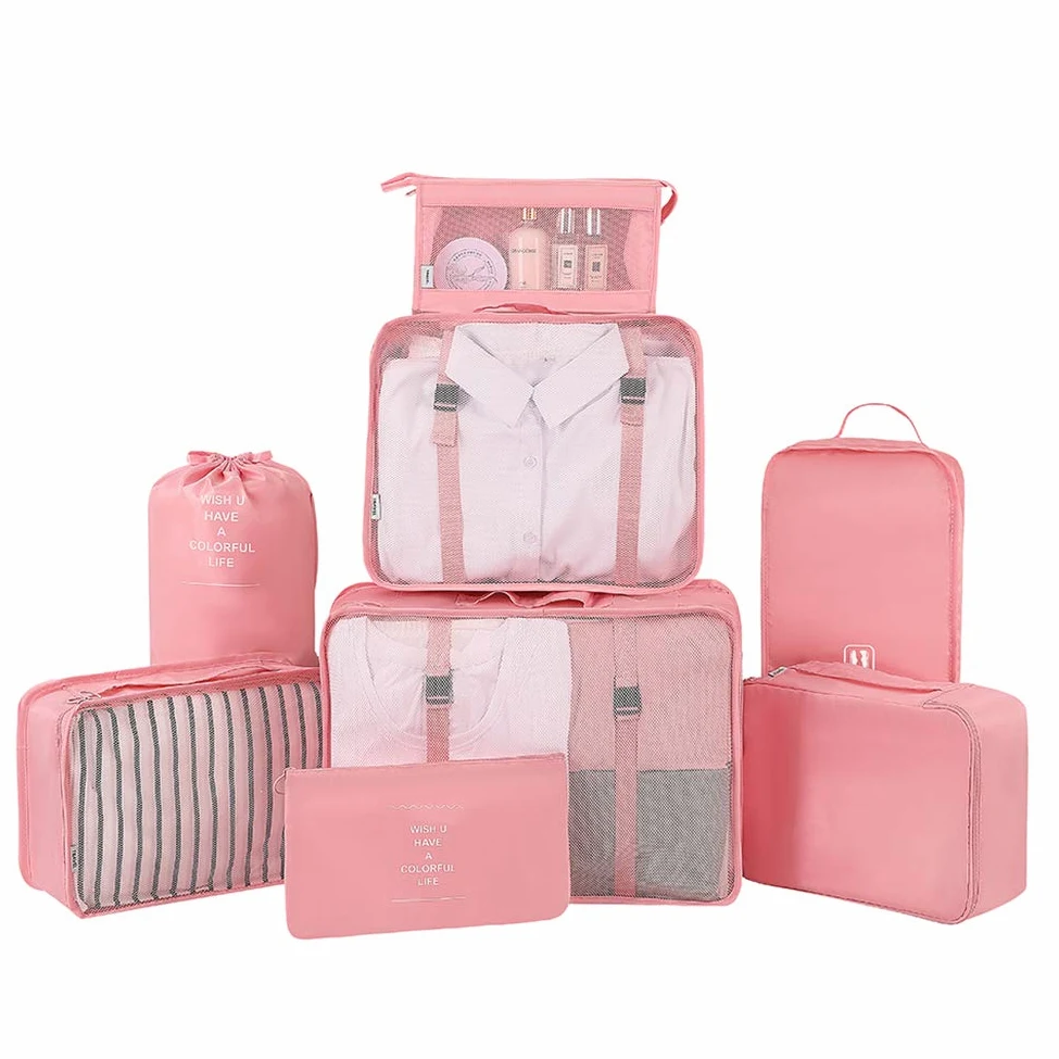 Belsmi - Juego de 8 Cubos de Embalaje con Bolsa para Zapatos - Organizador de Equipaje de Viaje (Rosa)