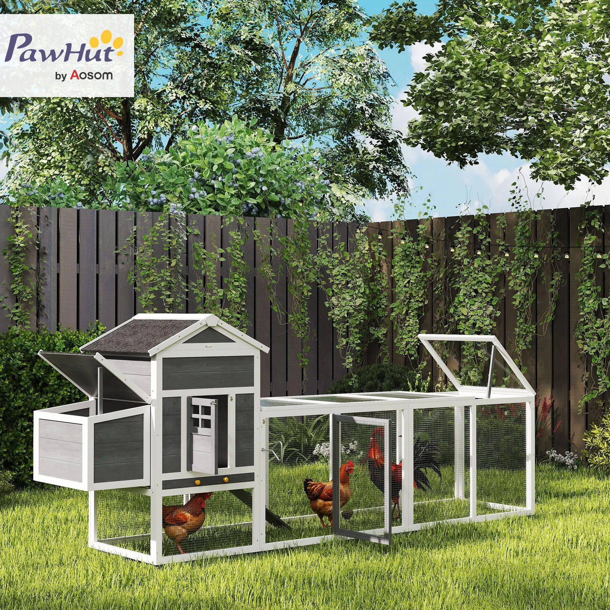 PawHut Gallinero Exterior Madera Grande 297,5x68x118 cm para 3-6 Gallinas con Nido Corral Bandeja Extraíble Techo Asfáltico Gris Blanco